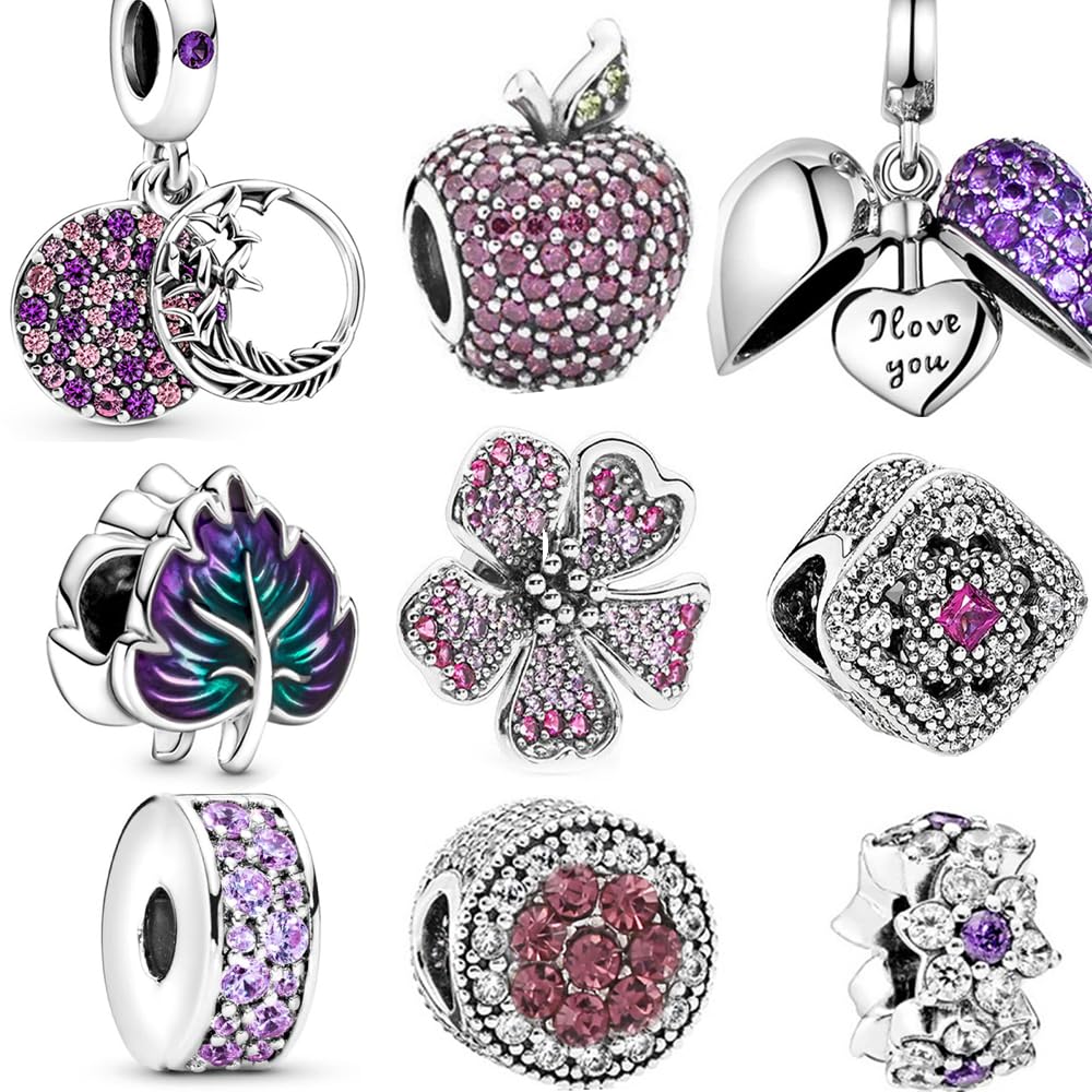 9 Pack Silver Bead Charms for Bracelets and Necklaces Charm for Woman Cubic Zirconias Dangle Pendant Jewelry Beads Set