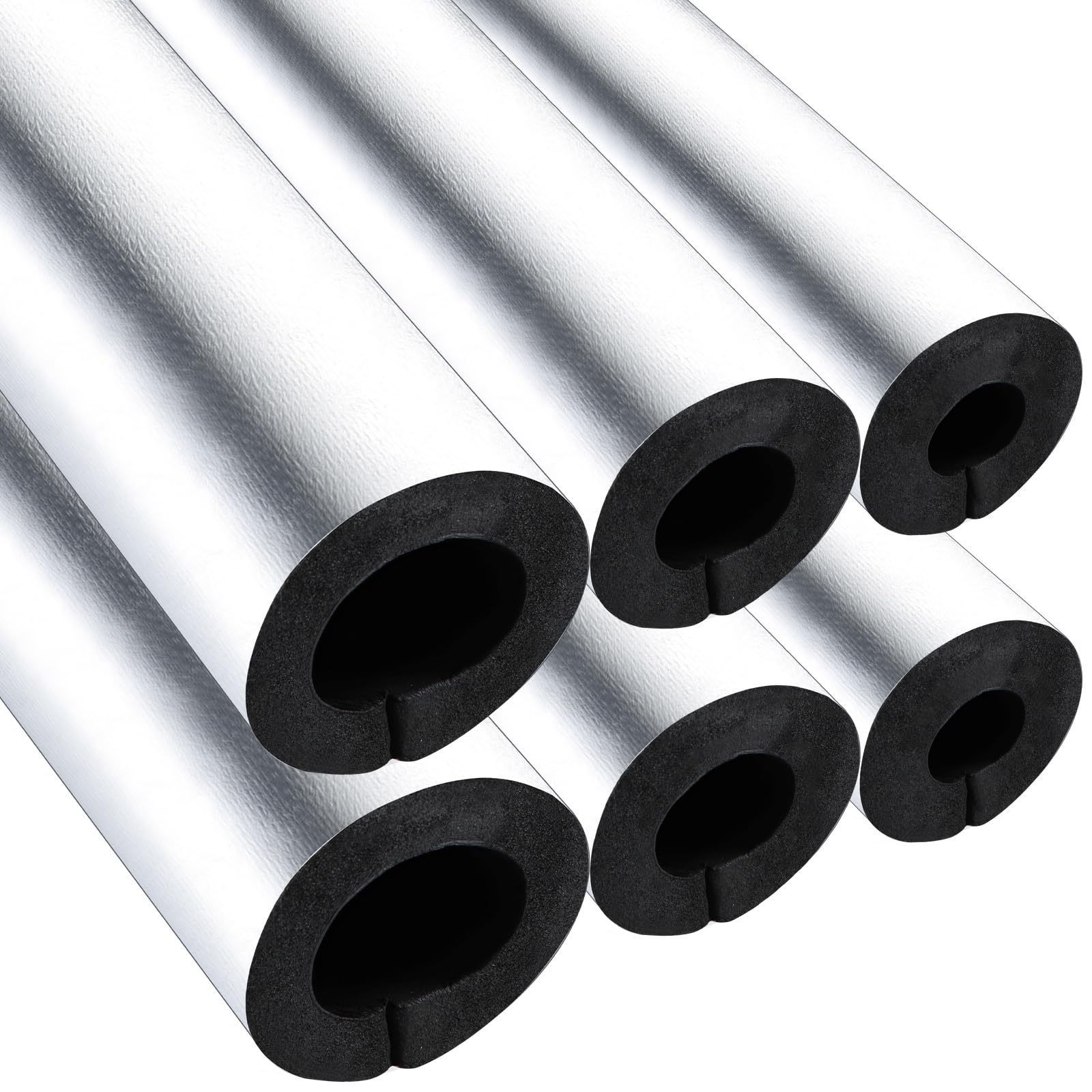 Baquler 6 Pcs Pipe Insulation Foam Tube with 3 Sizes 0.6/ 1/ 1.9 Inch ID Pre Slit Insulation Pipe Wrap with Aluminum Foil Insulated Copper Foam Water Pipe for Winter Outdoor Freeze Isolation