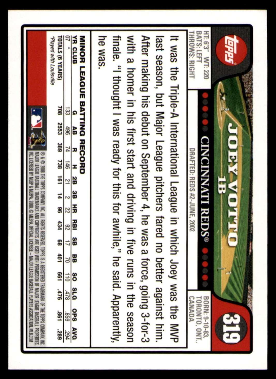 2008 Topps #319 Joey Votto Cincinnati Reds (Baseball Card) NM Reds