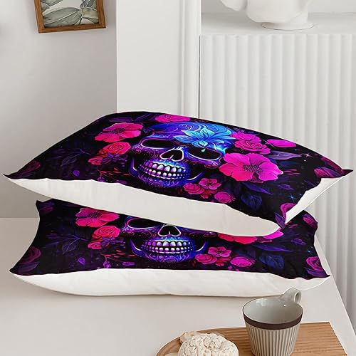 Miniatura 10 de AILONEN Juego de funda de edredón de calavera de azúcar, tamaño Queen, juego de funda de edredón de calavera de rosa roja, juego de ropa de cama