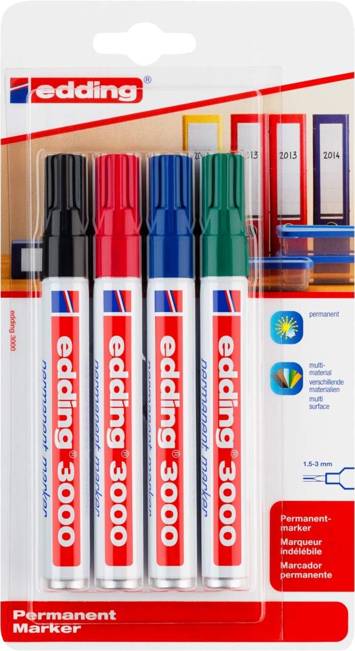edding 3000 permanent marker - zwart rood blauw groen - 4 stiften - ronde punt 1,5-3 mm - sneldrogende permanent marker - water- en wrijfvast - voor karton, kunststof, hout, metaal - universele marker