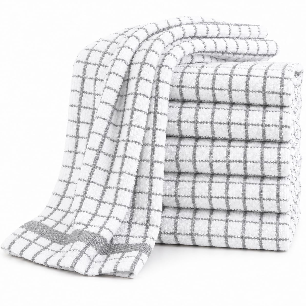 Adore Home 6 or 12 Pack Check Tea Towels Cotton Absorbent & Hard Wearing, Silver, 6 Pack