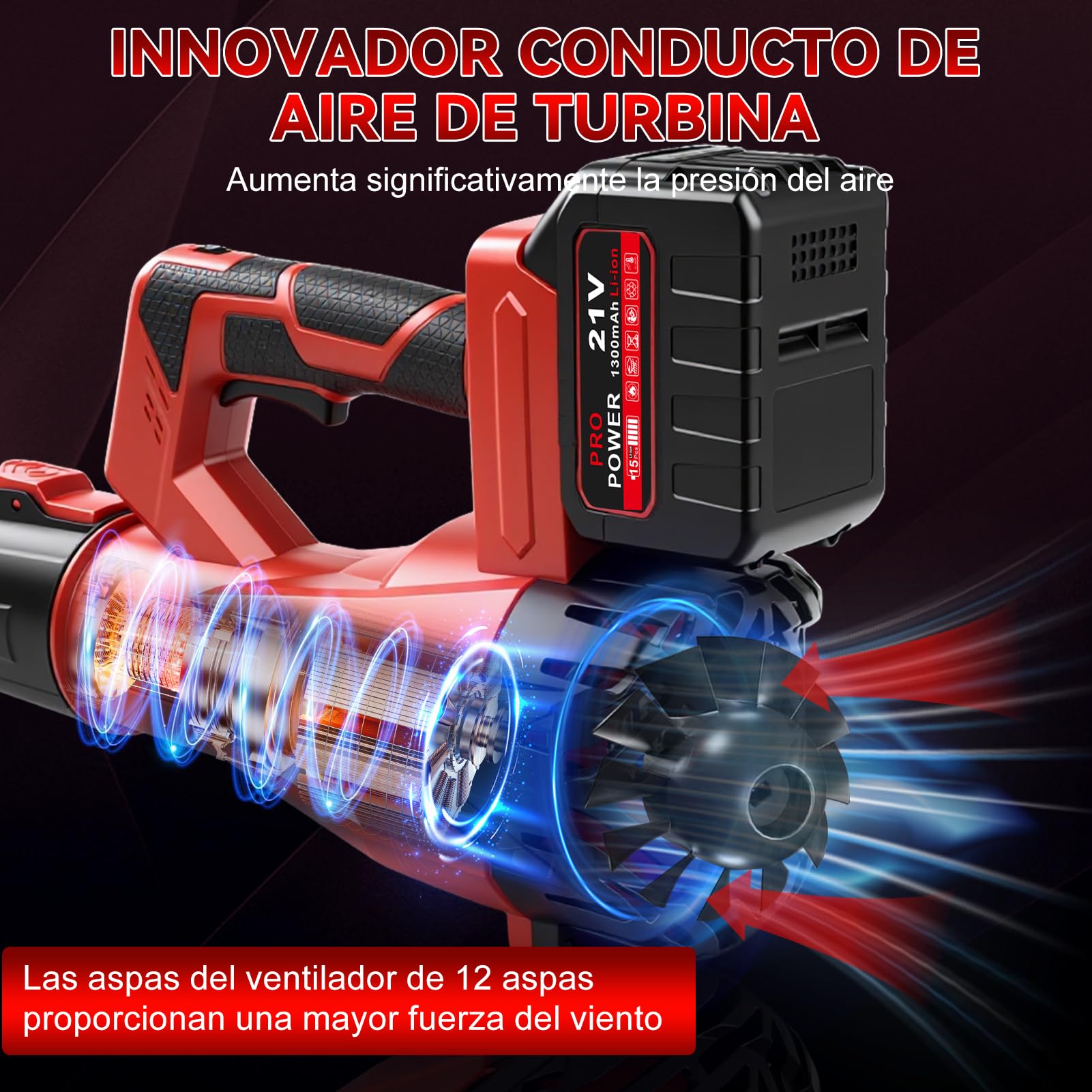 Aspirador de Hojas con batería, 200km/h, 6 velocidades, sin Cables Soplador eléctrico con 6 velocidades, con batería de 1300mAh y Cargador, soplador de Hojas sin Cables para jardín, terraza, Coche