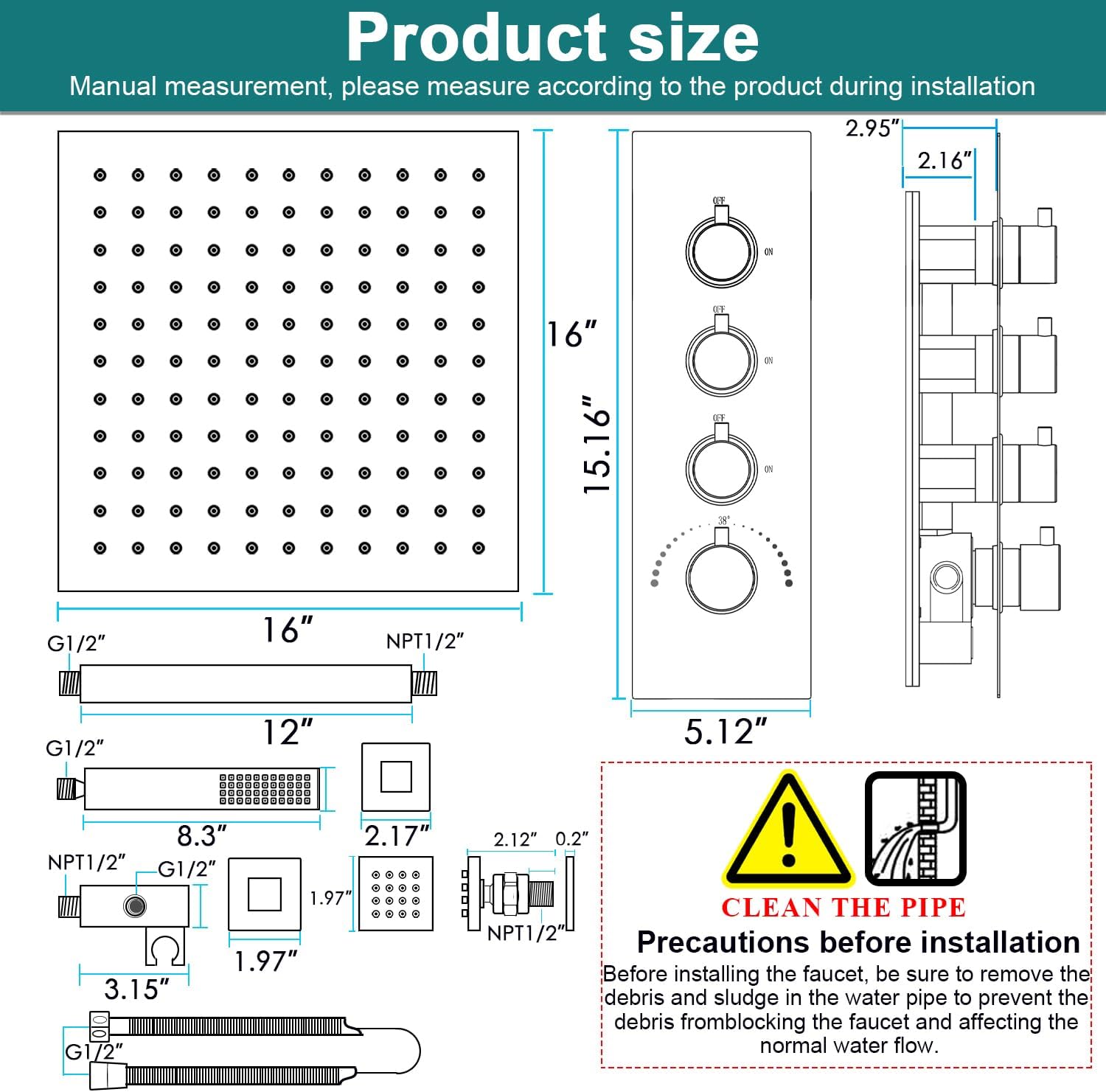 HOMEDEC Oil Rubbed Bronze Brass Shower Faucet Set Complete, 16inch LED Ceiling Shower Head System and Body Jets with Thermostatic Valve Trim Kit, Can Use Together