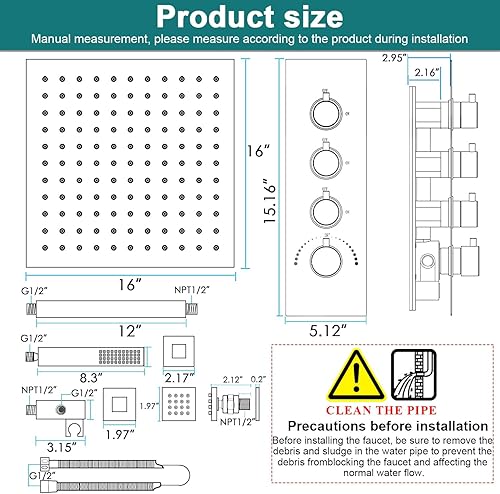 Miniatura 7 de HOMEDEC Sistema de chorros de ducha completo negro, juego de grifo de ducha LED de 16 pulgadas con 6 aerosoles corporales y válvula termostática de