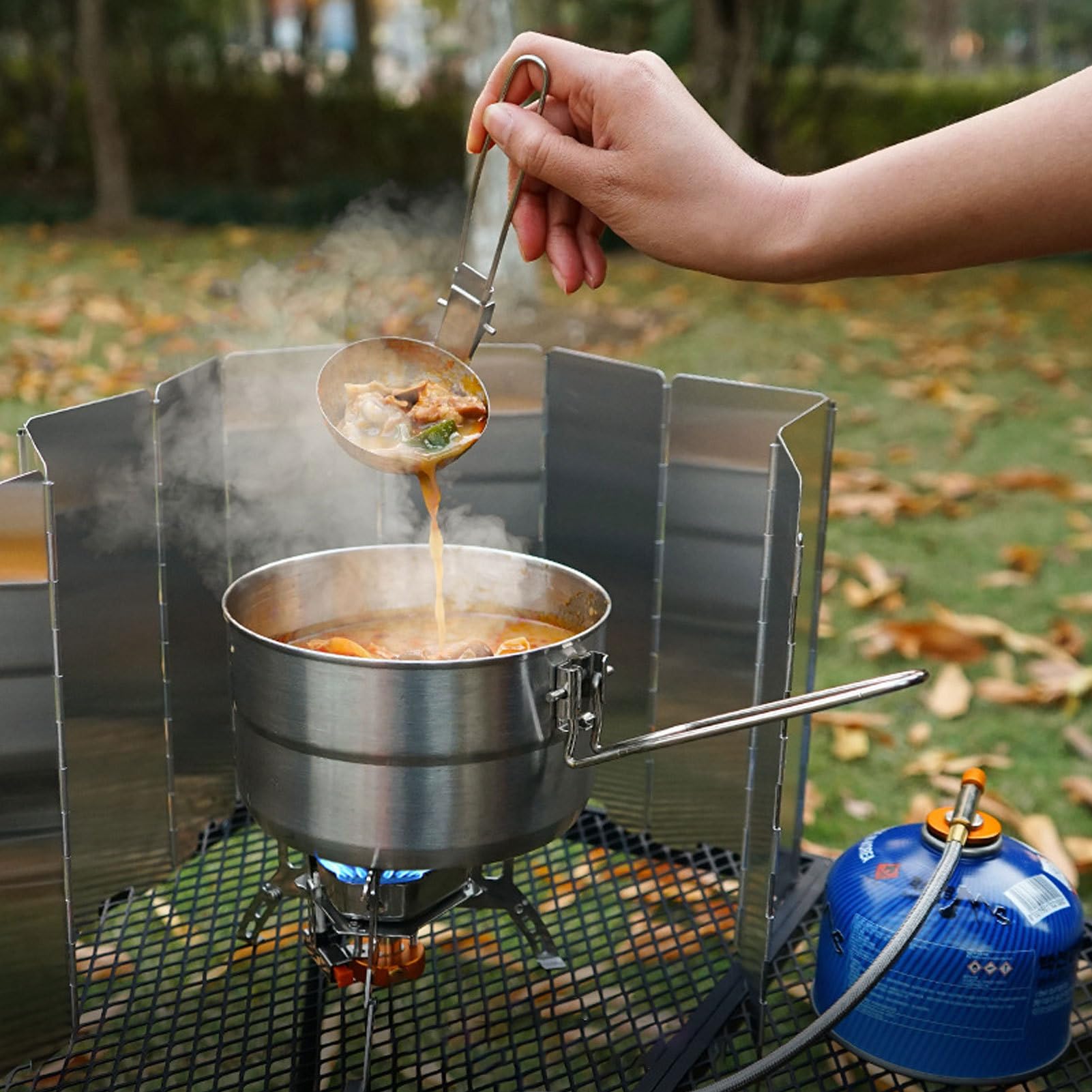 collapsibble Soup Spoon - Compact Metal Serving Utensil | Foldable Outdoor Cooking Strainer Spatula, Portable Stew and Gravy Dipper Tool for Backpacking BBQ and campp Kitchen Gear