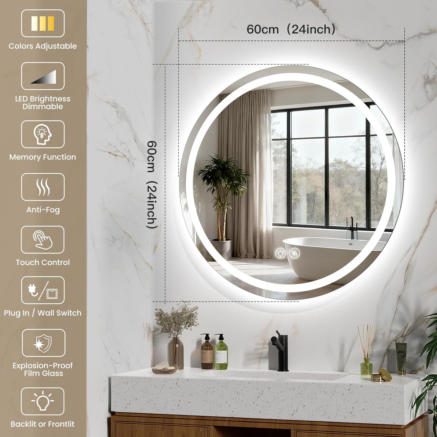 Bonadays LED Bathroom Mirror 24 Inch Round Bathroom Mirror with Lights, Circle Wall Mirror with 3 Colors Brightness, Anti-Fog for Bathroom Vanity, Entryway Living Room Circle 24"L x 24"W