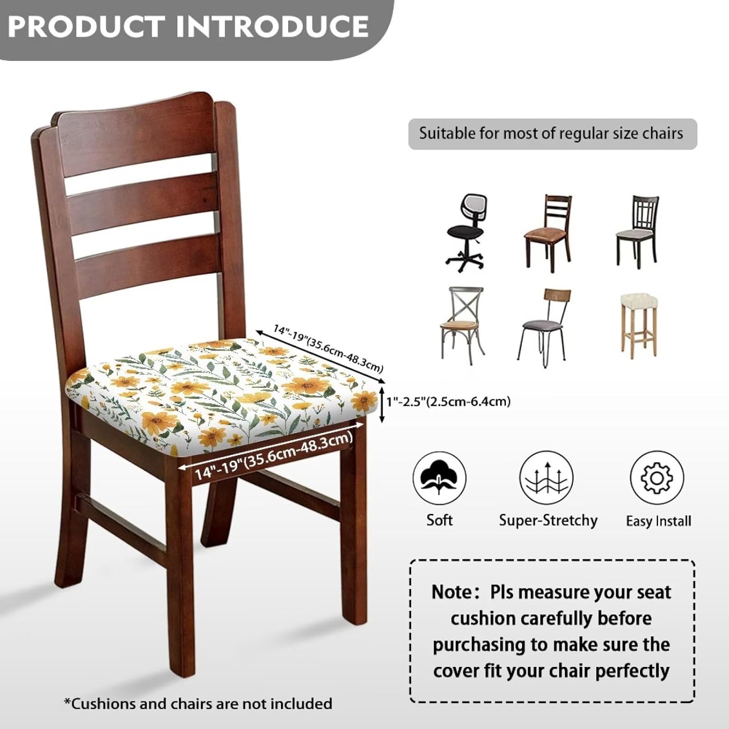 Kuiaobaty Yellow Floral Seat Covers for Dinning Room Chairs 4 Pack Stretch Office Computer Chair Seat Covers Bedroom Living Room Bar Desk Chair Cushion Slipcover Protectors