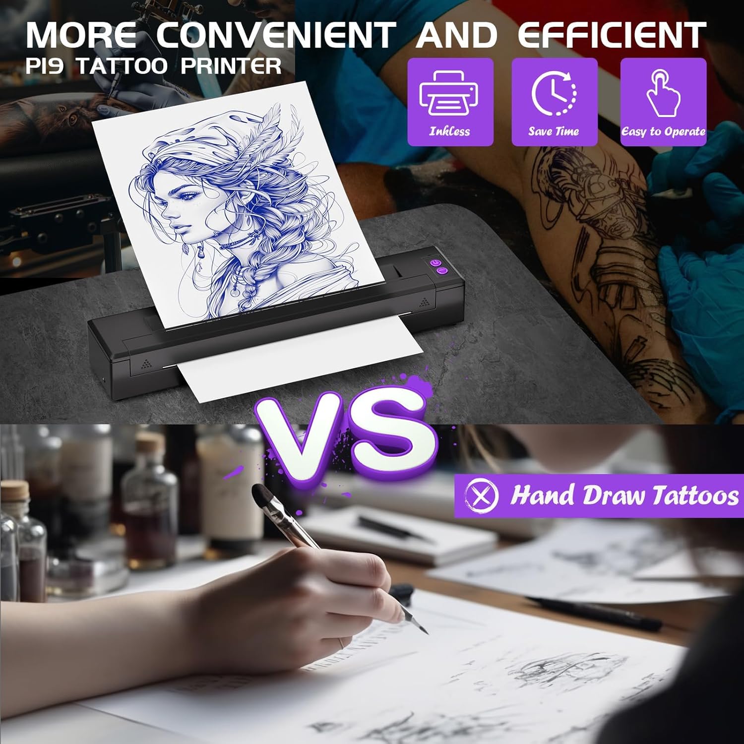 2026 Newly Upgraded Wireless Tattoo Transfer Template Printer, hot Tattoo Machine with 20 Transfer Papers, Tattoo Printer kit for Tattoo Artists and Beginners