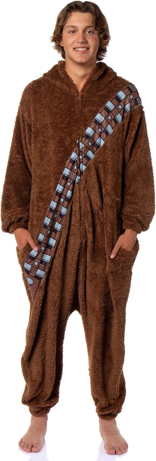 Star Wars Chewbacca Hooded Adult Plush Fleece Zip-Up Costume One Piece Footless Pajama Union Suit For Men and Women