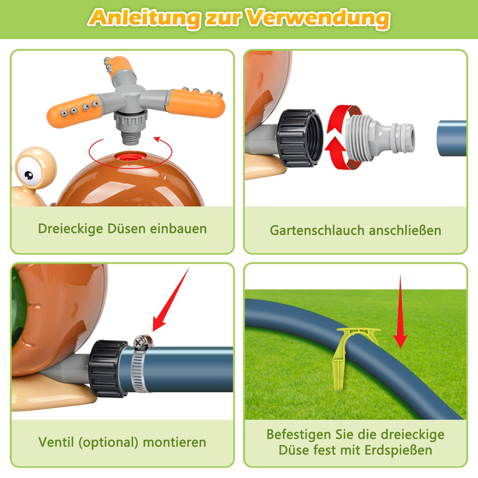 Wassersprinkler Kinder Outdoor 360° Rotierender Schnecken Rasensprenger mit Schlauchanschluss, Garten Sprinkler für Rasen, Pool und Außenbereich, Wasserspielzeug mit Zubehör