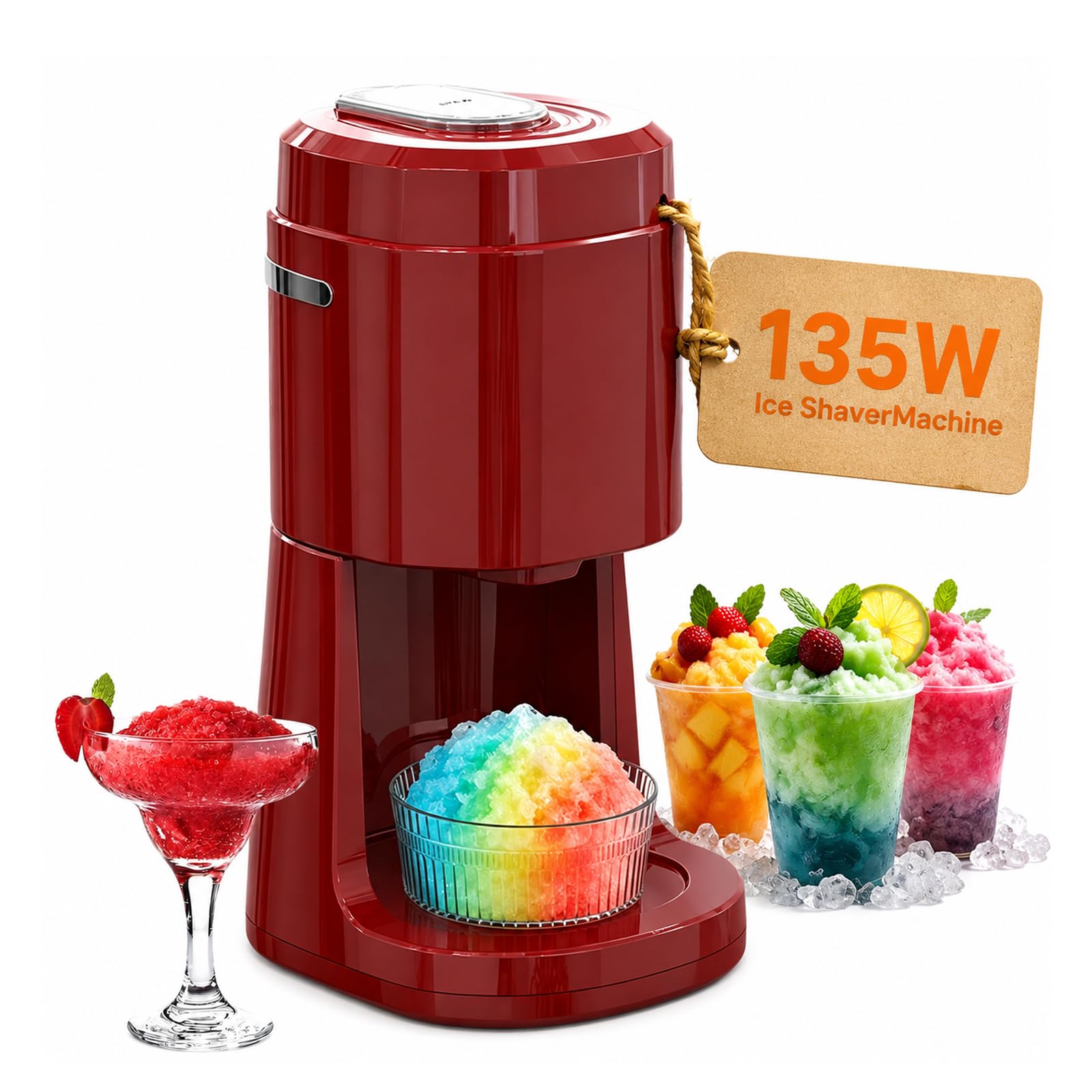 Machine professionnelle à glace pilée électrique, machine à glace pilée 135W pour cônes de neige, fabriquant de snowcones/bruit faible de 58 dB, pour la maison, créez des granités moelleux et d red