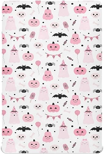 Aslsiy Sábana bajera ajustable para cuna de Halloween con diseño de calabaza rosa para bebé, lindos fantasmas, para guardería, para niños y niñas,