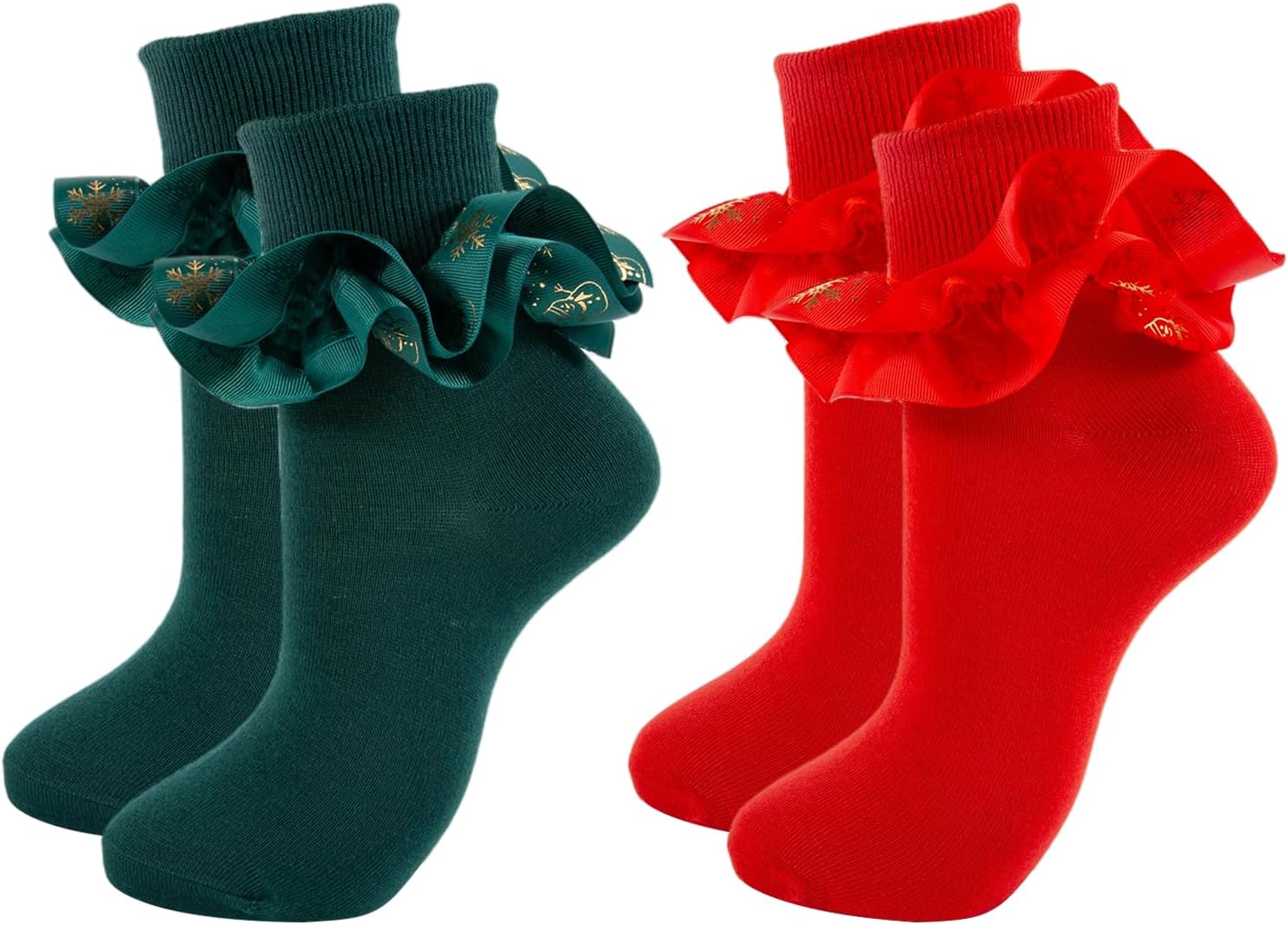 Girls Christmas Socks Ruffle - 2 Pairs Snowflake Lace Dress Socks