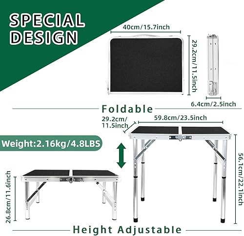 Miniatura 2 de Mesa plegable pequeña de 2 pies, mesa de campamento ligera de altura ajustable, mesa portátil de fácil instalación, mesas de playa plegables