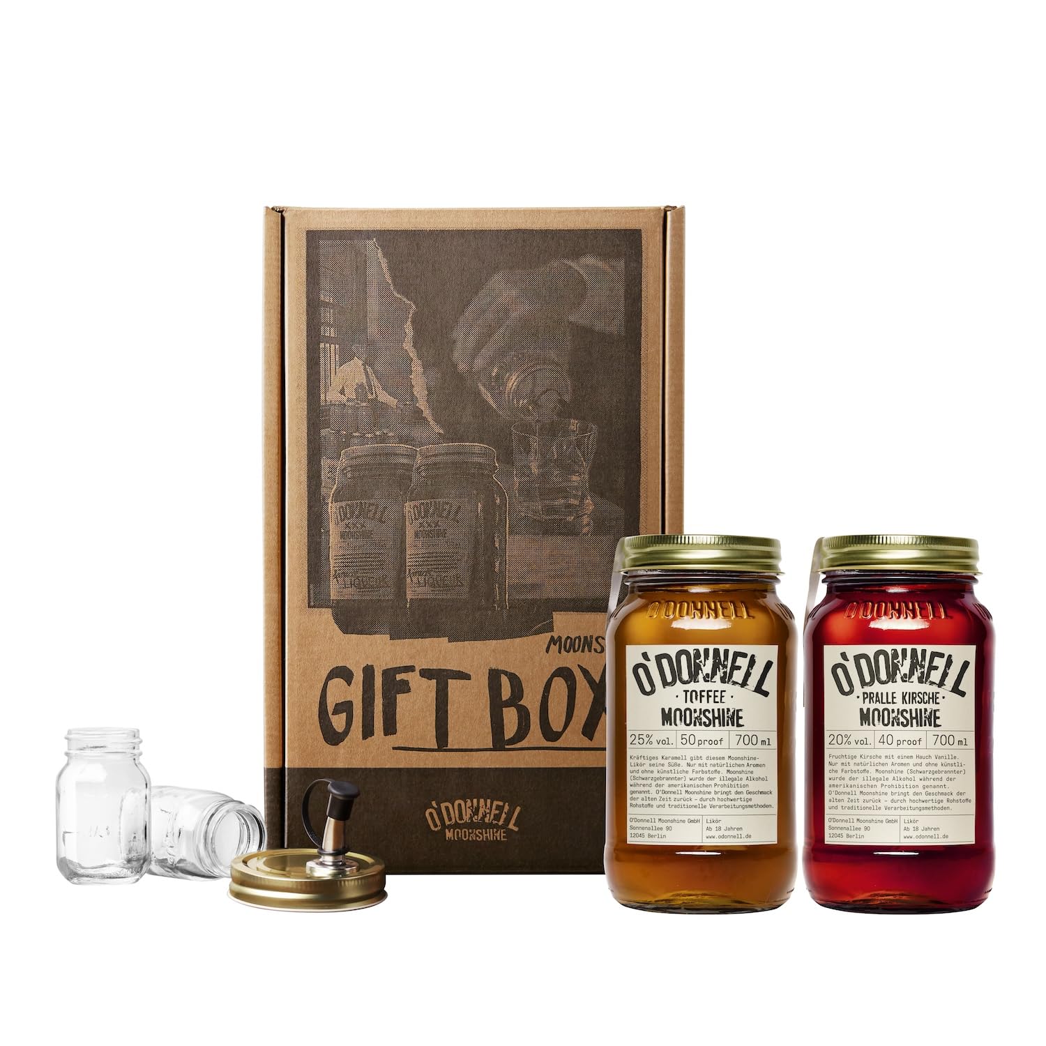 O'Donnell Moonshine Likör Geschenkset Made in Berlin – 2x Premium Toffee & Kirsch Likör (700ml) + 2x Mason Jar Whiskey Gläser + Ausgießer (Geschenk für Männer) in Geschenkbox