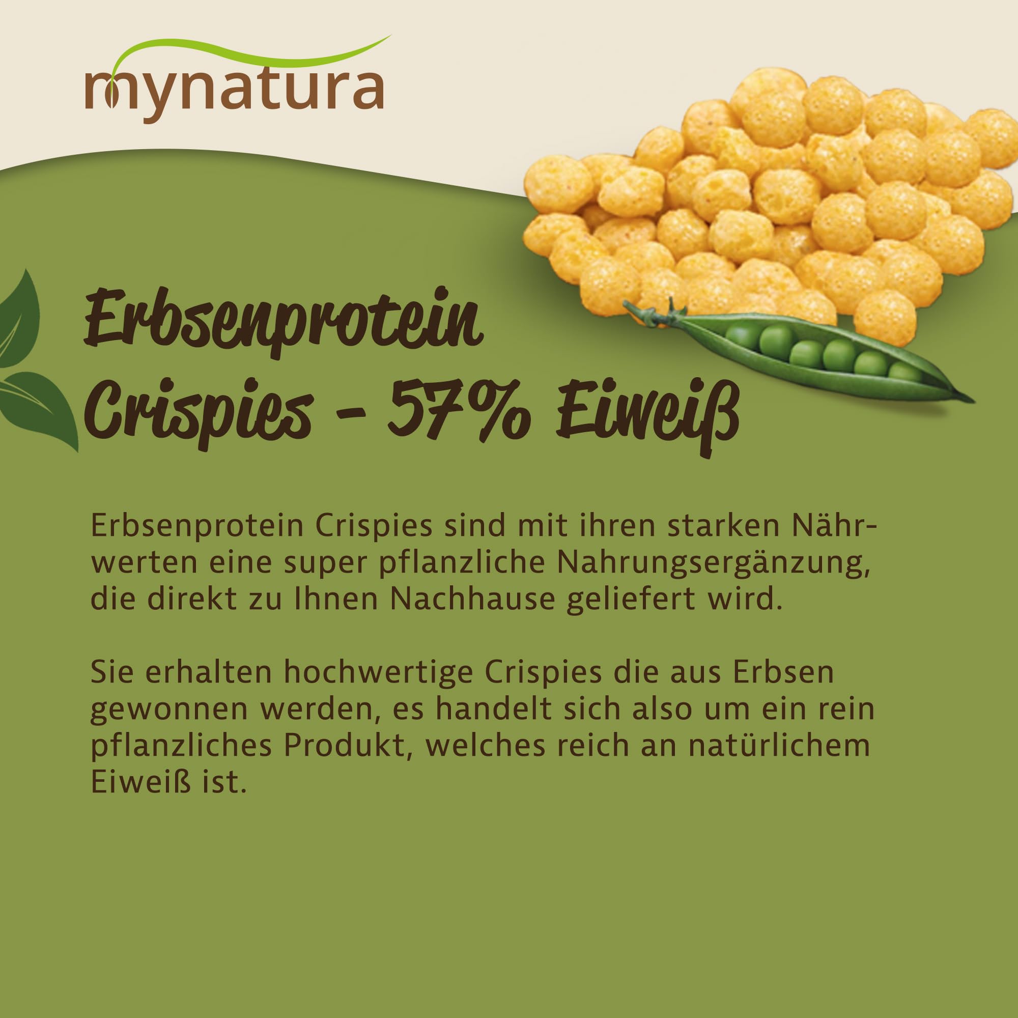 Mynatura Erbsenprotein Crispies | 57% Eiweiß | Pea Protein | Pflanzliches Eiweiß aus Erbsen | Vegane Nahrungsergänzung | Eiweißsnack | Peas (3x1000g)