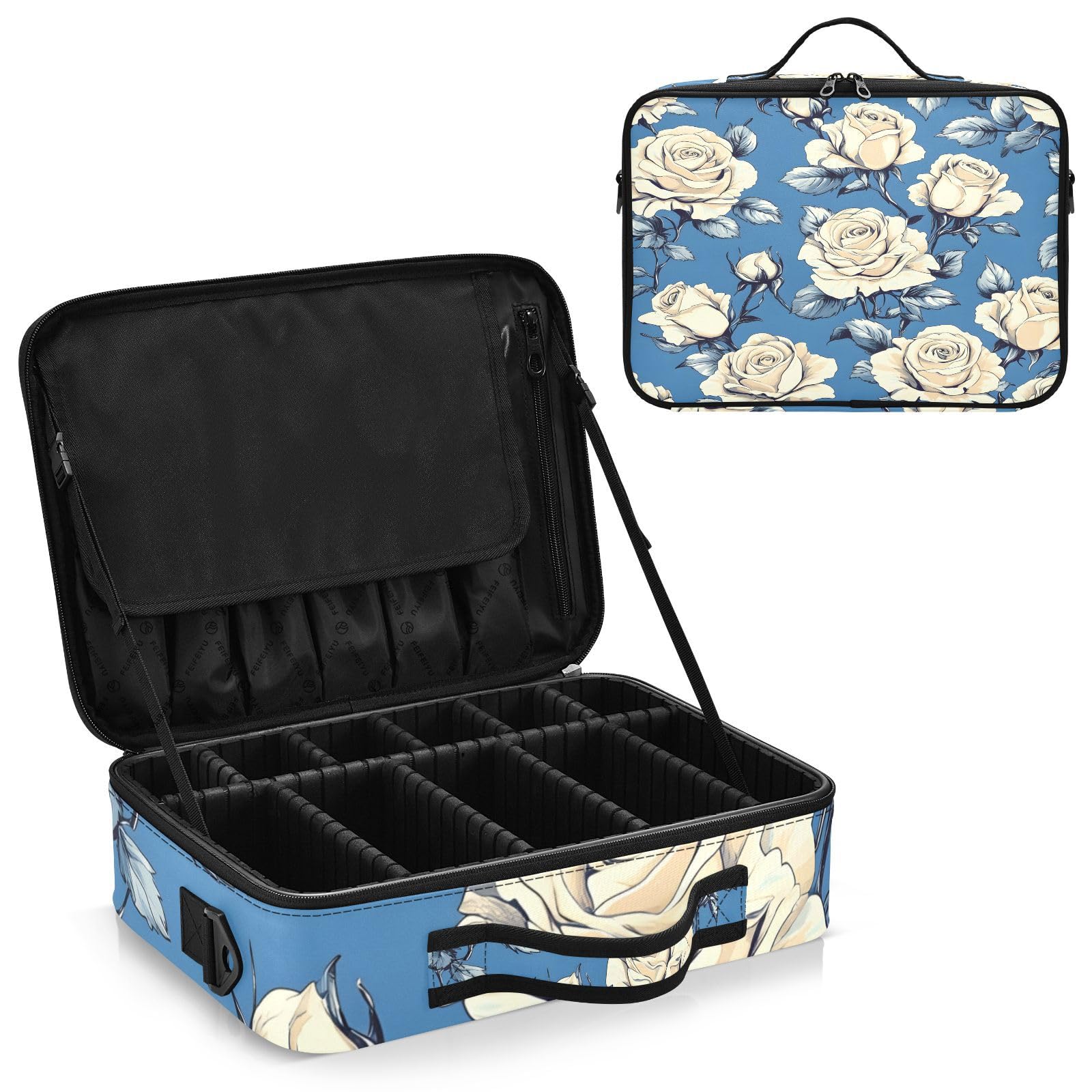 Travel Makeup Train Case Yellow Flower Blue Leaves Pattern Cosmetic Organizer Portable Storage Bag with Adjustable Dividers for Cosmetics Brushes Toiletry Jewelry Digital Accessories