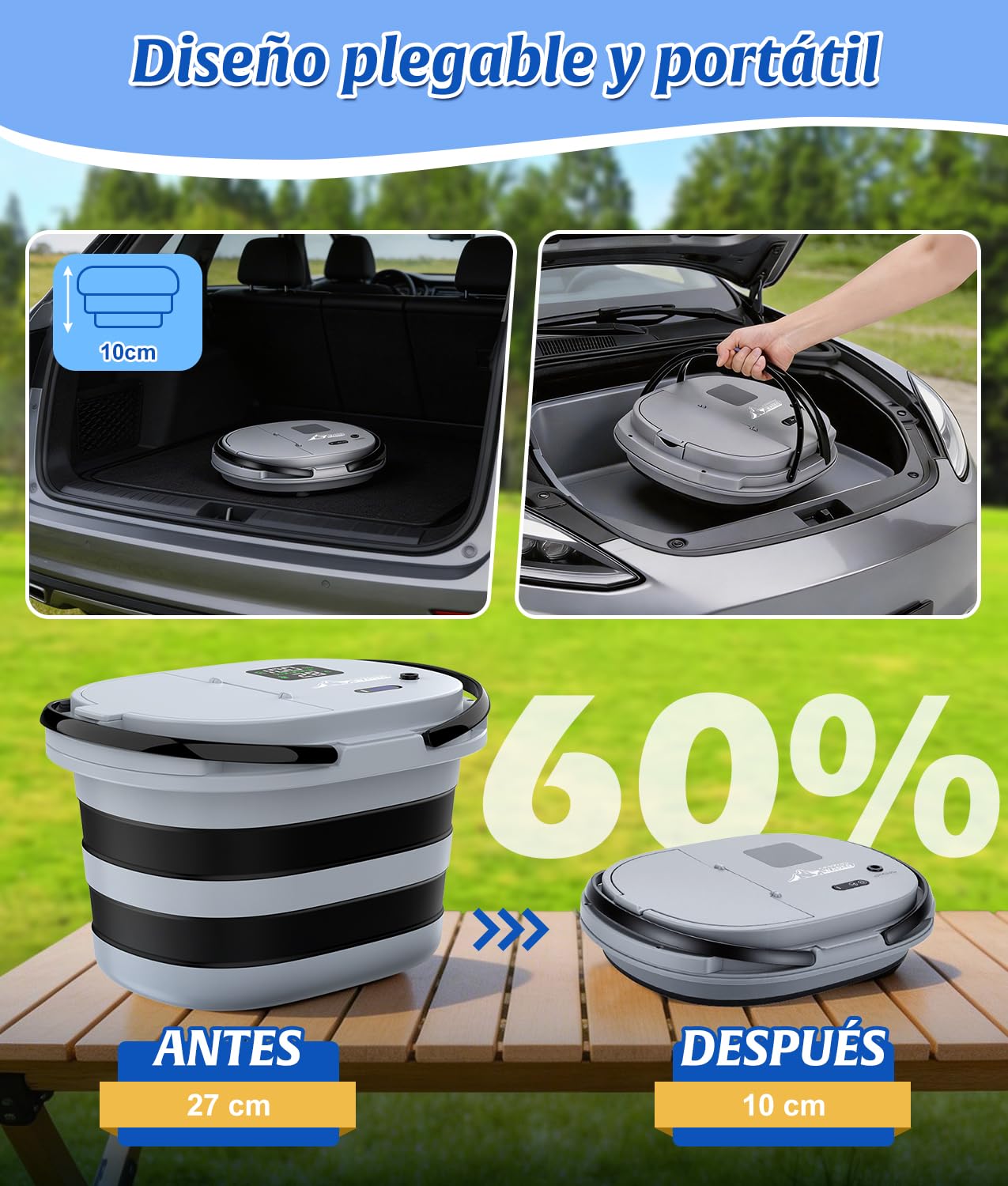 WADEO 2026 Nueva Ducha de Camping con Bomba integrada [13 000 mAh] y Cubo de Agua Plegable, 5 Niveles de Velocidad y 4 Tipos de Chorro, para Acampada, Autocaravana, Mascotas, Playa y jardín