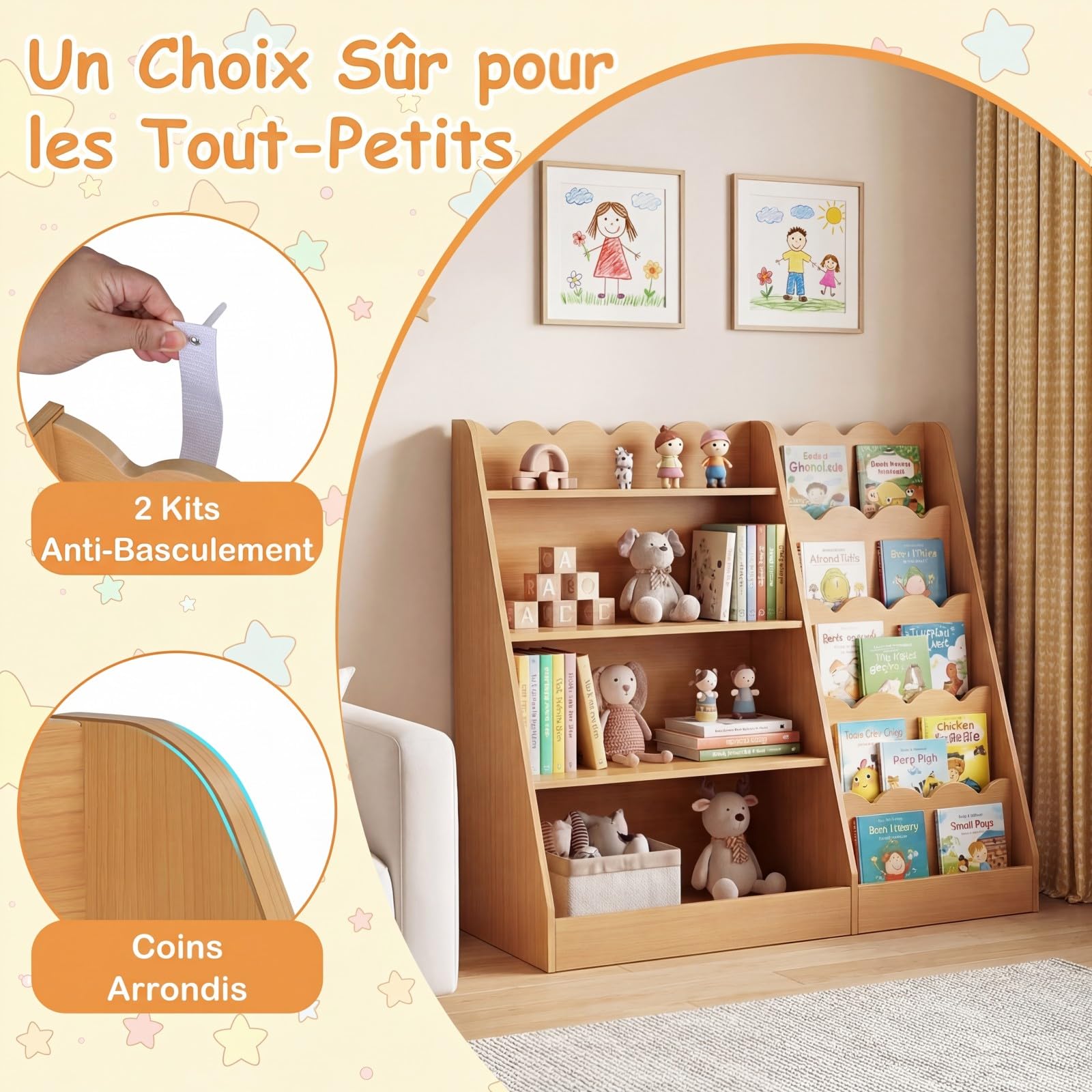 COSTWAY Bibliothèque Enfant Montessori avec 5 Niveaux Ondulés, 4 Étagères Ouvertes, Étagère à Livres en Bois avec Kits Anti-basculement, Meuble Rangement pour Chambre Salle de Jeux Crèche (Naturel)