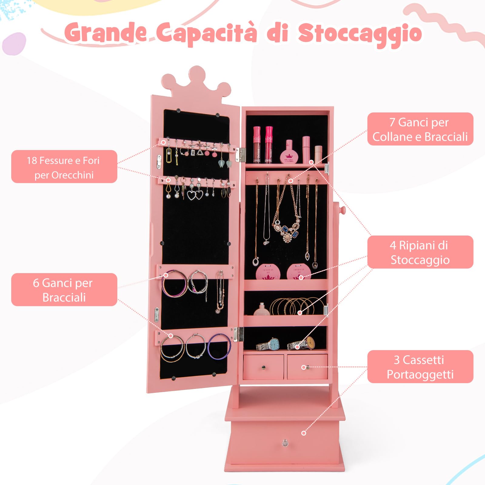COSTWAY Armadio Gioielli per Bambini 3+ Anni con Specchio, Armadietto Portagioie da Terra con 3 Cassetti, Ideale per Camera da Letto (Rosa)