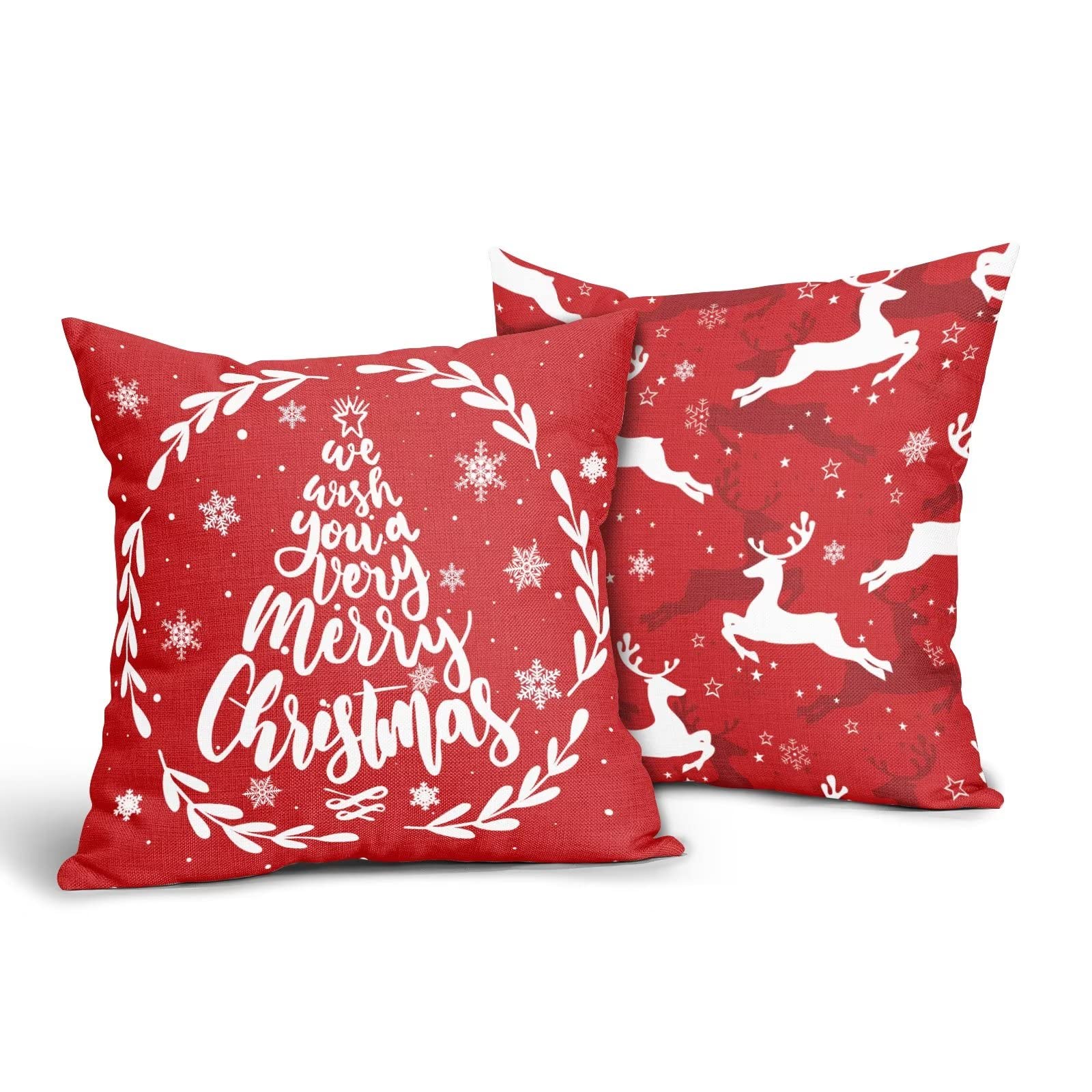 Christmas Pillow Covers 18x18 Inch Set of 2, Christmas Tree Snowflake Reindeer Throw Pillow Covers, Farmhouse Winter Pillow Cases Cotton Linen Case Cushion Cover for Sofa Bedroom Christmas Decorations
