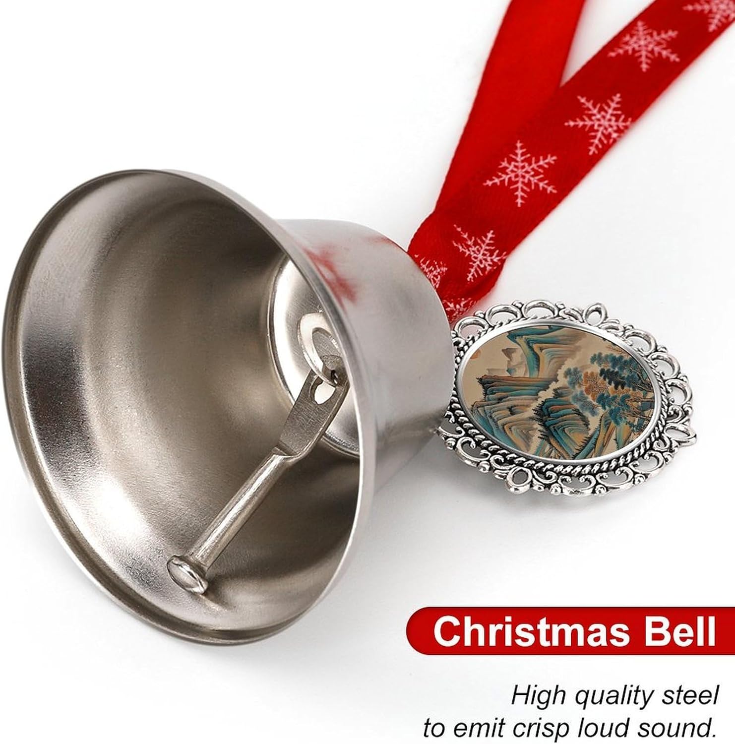 Metal Iron Christmas Bell Ornaments - Cute Personalized Chinese Landscape Painting Printed Hanging Bells, Elegant & Durable for Christmas Home Party Wedding Decor