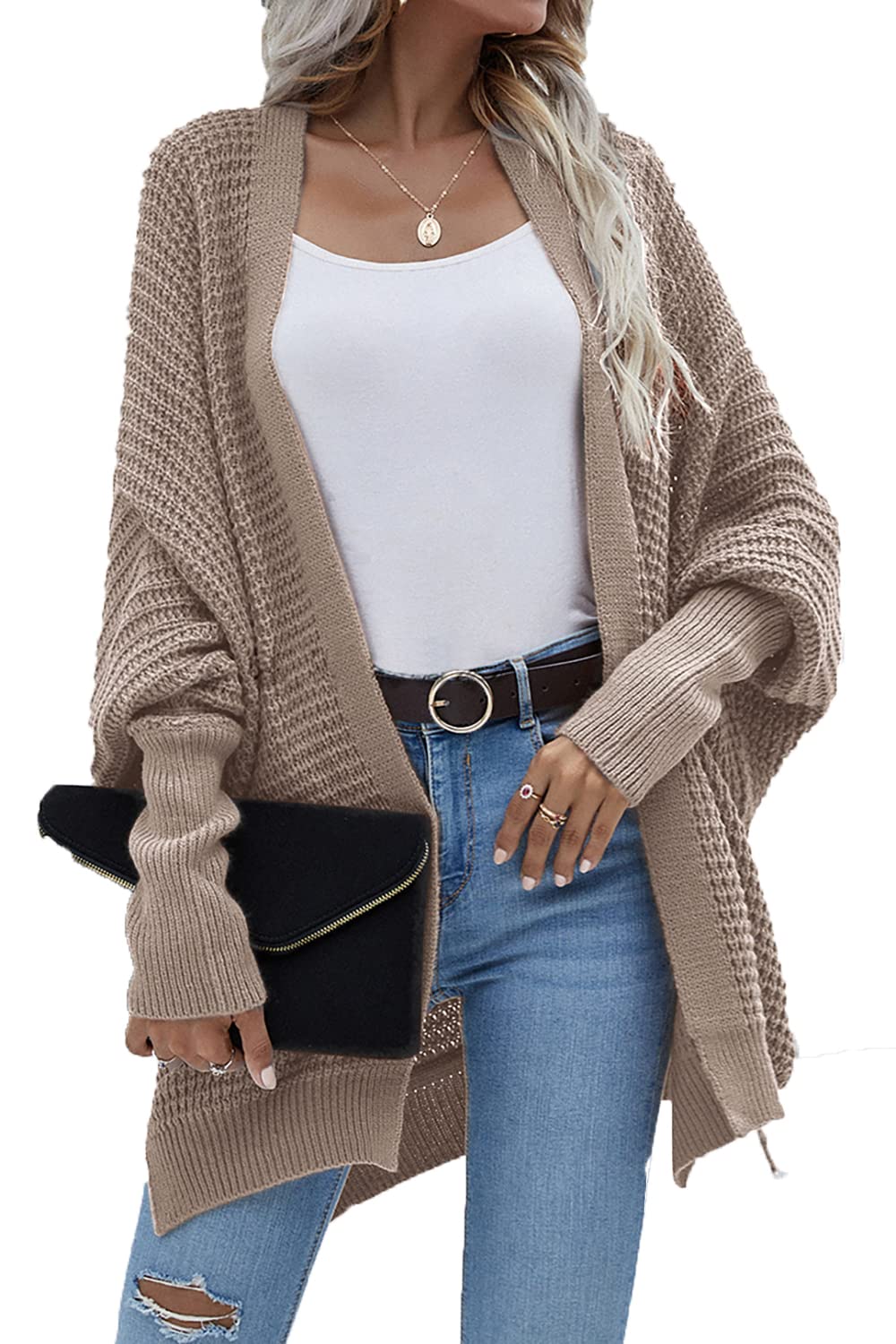 Basicspace Damen Offene Front Strickjacke Damen Lang Waffel Lässig leicht Lose Fledermaus Langarm übergröße Knit Cardigan Weiche Oberbekleidung