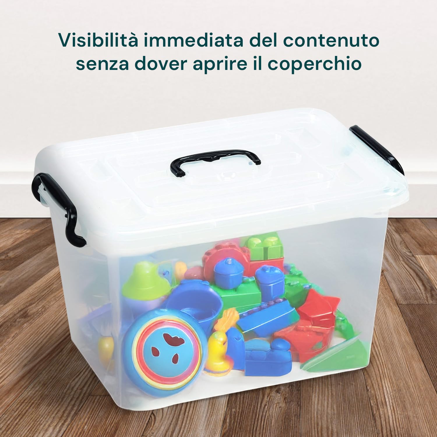 Wintem Contenitore Plastica 50L con Coperchio e Ruote, Grande e Trasparente per Armadio - Box Organizzatore con Maniglie Nere e Ganci Laterali per Chiusura Sicura