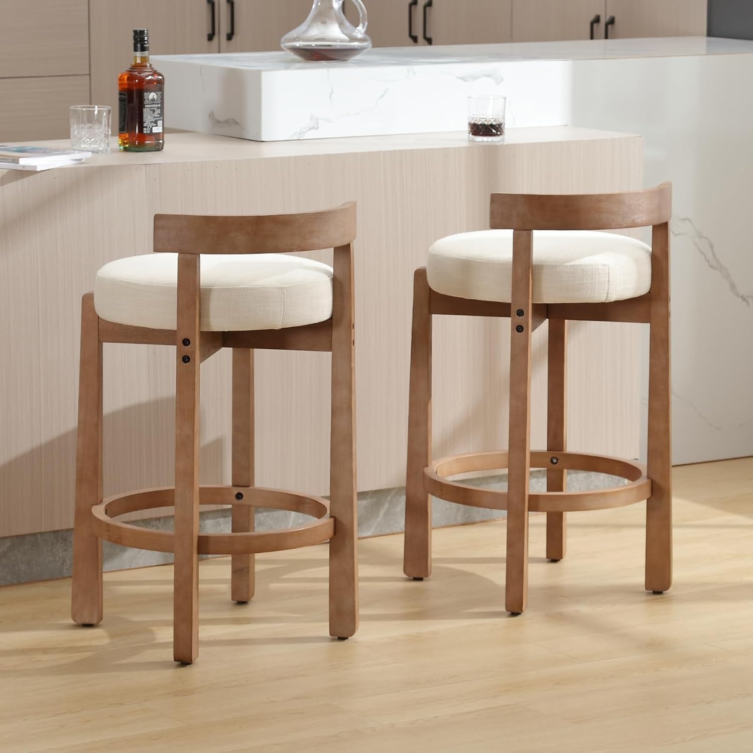 LukeAlon Mid Century Linen Counter Stools Set of 2, Upholstered 26.5” Seat Height Low Barstools with Natural Wood Legs Round Low Back Kitchen Stools with Footrest for Dining Room, Beige 26.5 Inches; Beige 2 PCS