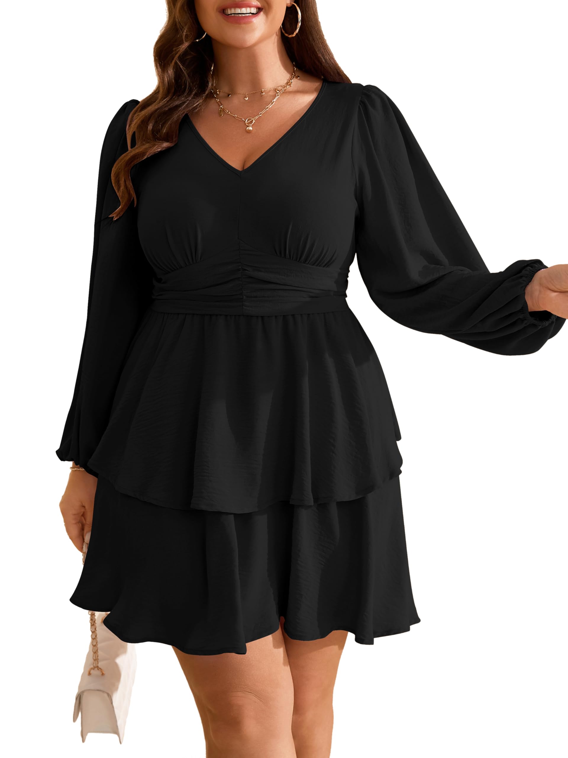 RWJ Plus Size Dresses for Curvy Women V Neck Long Sleeve Elastic Waist Fall Wedding Guest Layer Casual