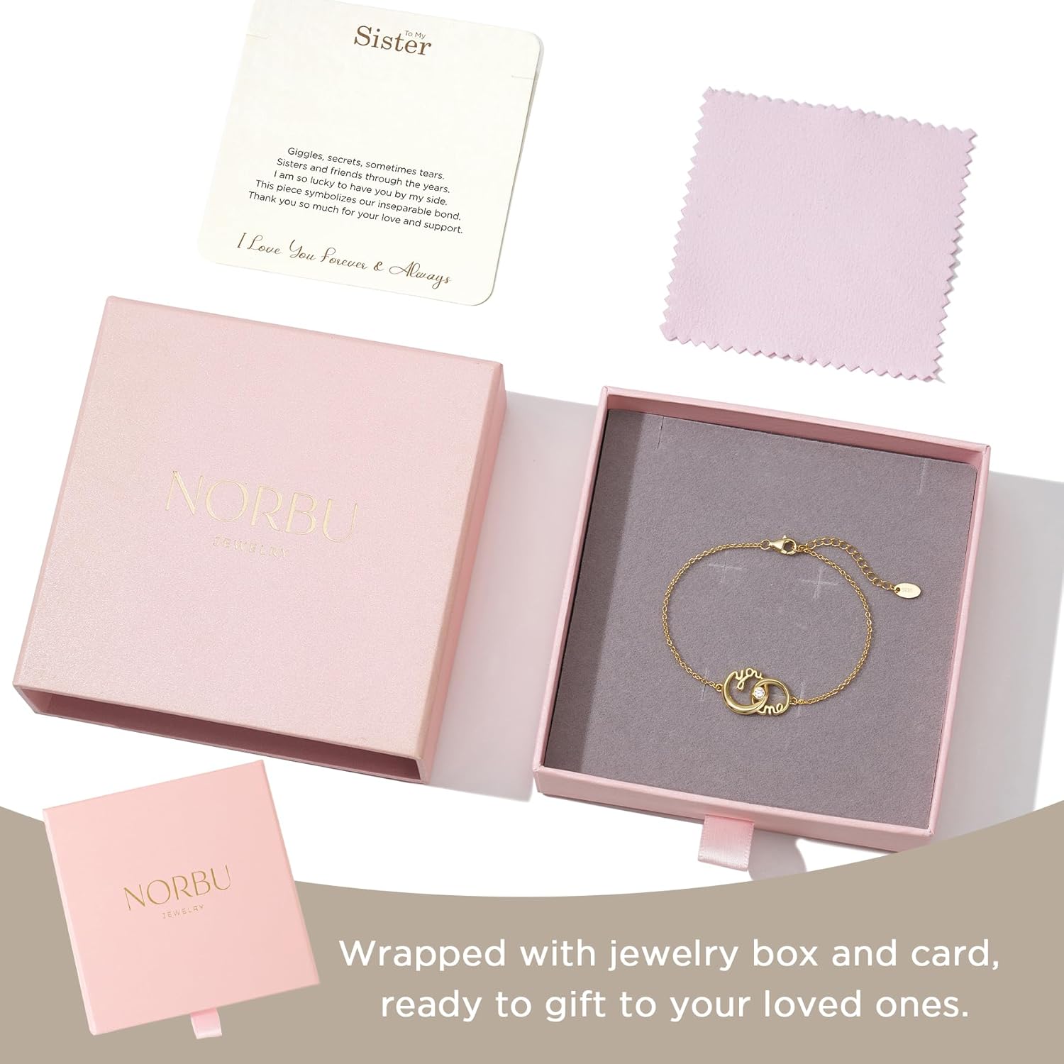 NORBU S925 You and Me Infinity Bracelet Gift for Women, Gold over Sterling Silver Link Charm Bracelet with Interlocking Circle, Jewelry Gift for Birthday Valentine Mothers Day Christmas with Gifts Box - Image 6