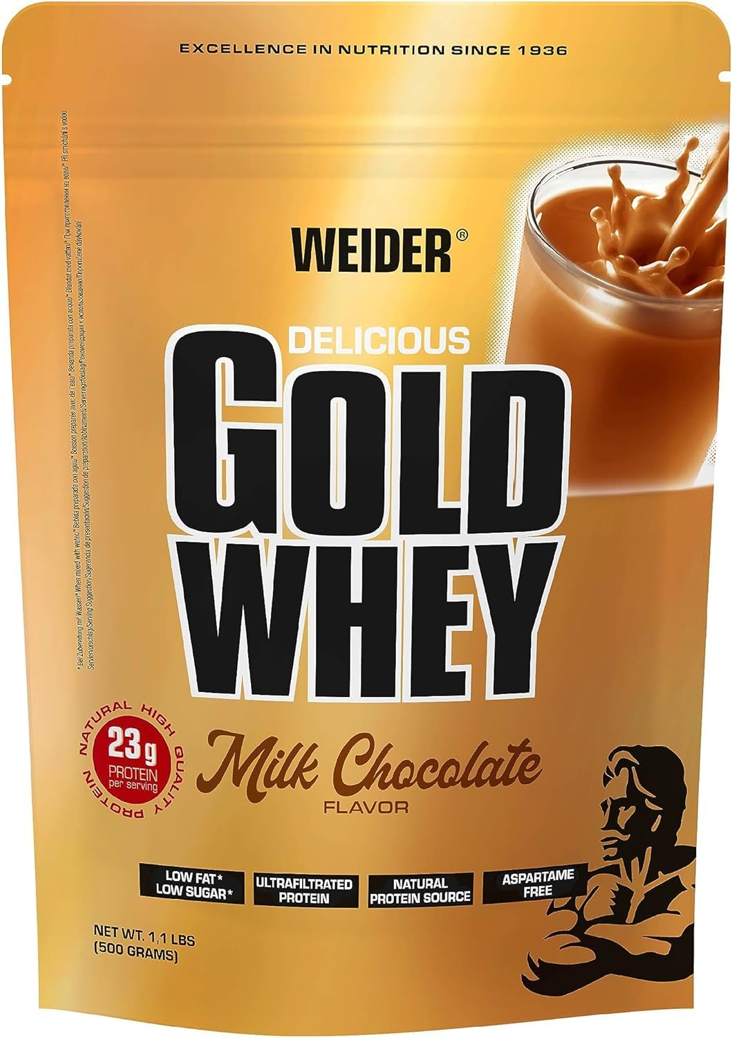 WEIDER Gold Whey Protein, Milchschokolade, Whey Protein Eiweißpulver mit hohem Proteingehalt für Muskelaufbau, Protein Pulver mit wenig Kohlenhydraten und Fett, Low Carb ideal für die Diät, 500g