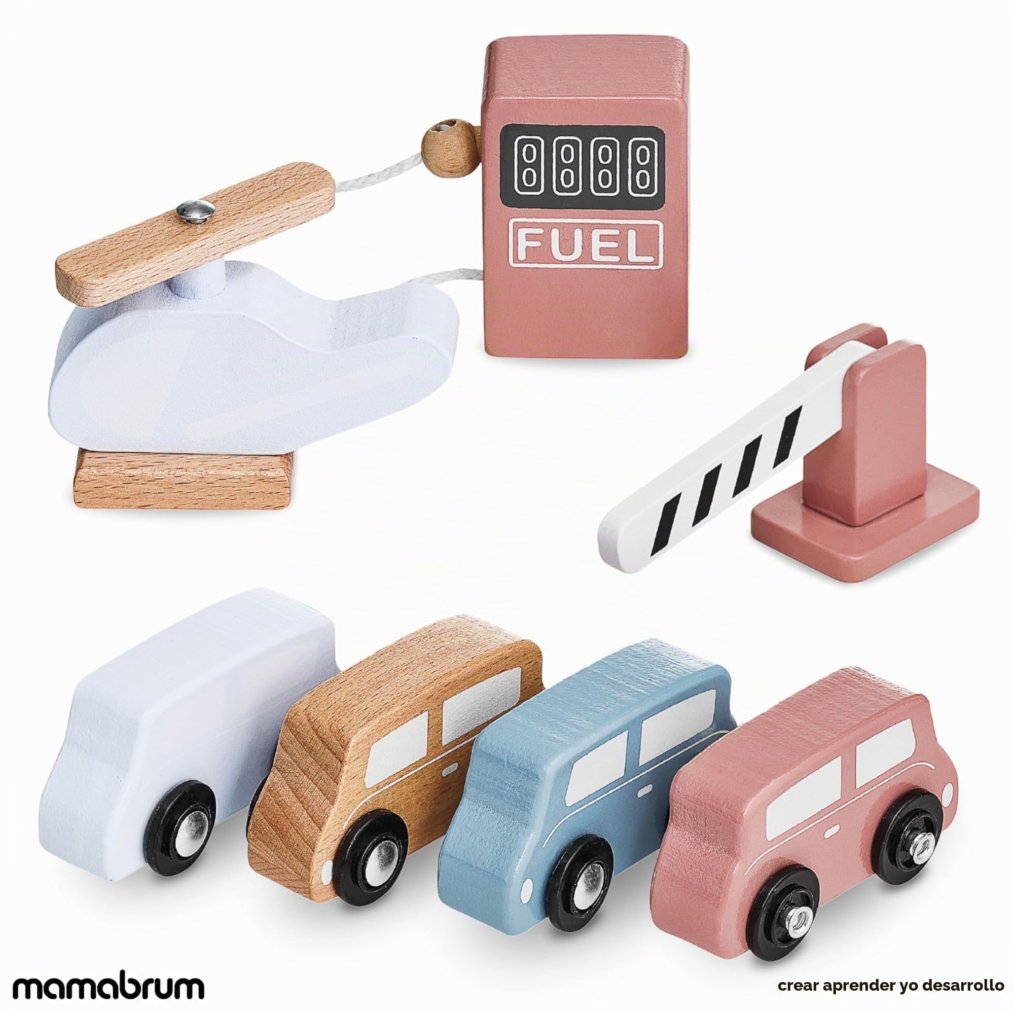 Mamabrum Garaje Coches Juguete de Madera con 3 Niveles - Estacionamiento Infantil con Ascensor Móvil, Pista de Aterrizaje y Accesorios - Set Completo 4 Autos y Helicóptero - 45x30x37cm
