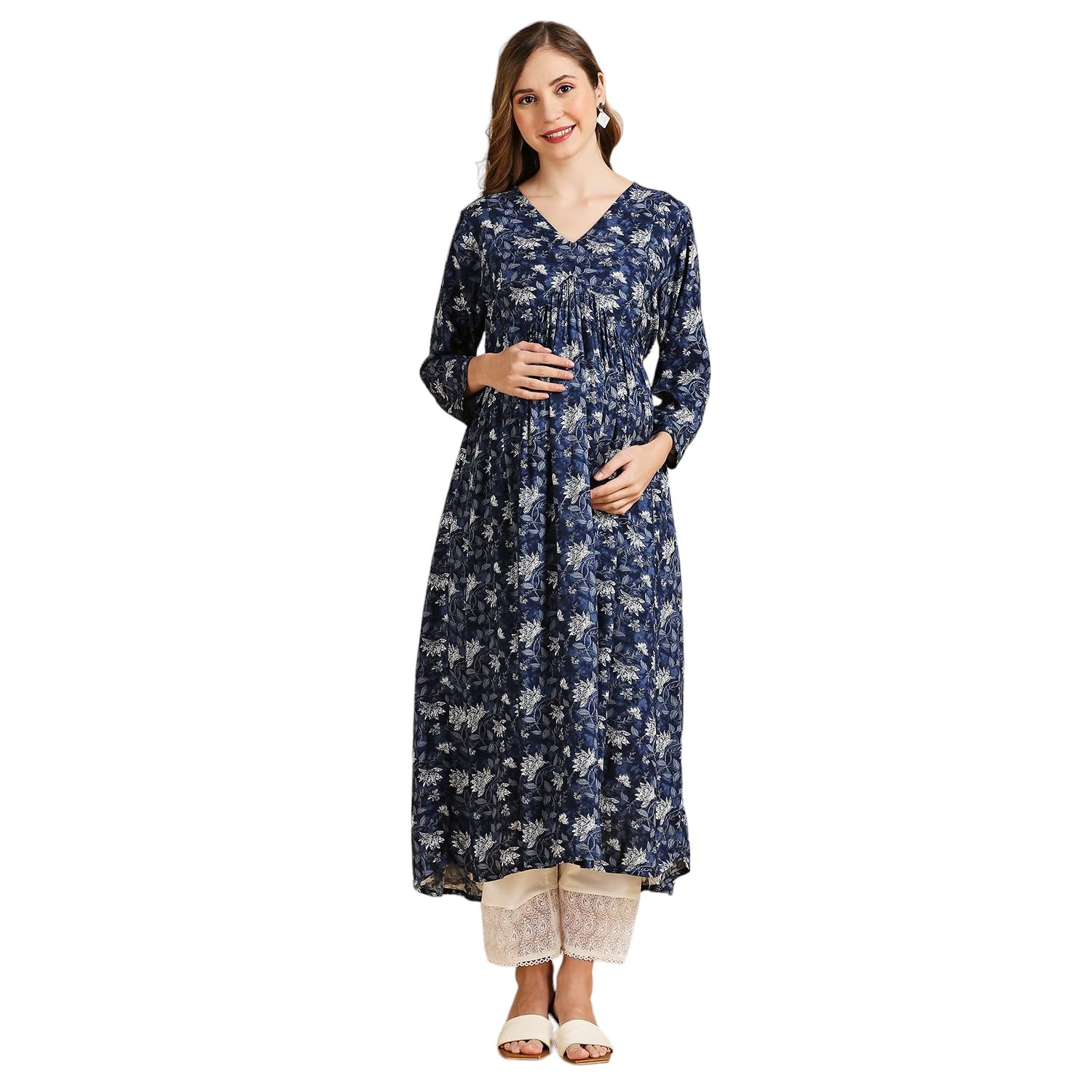 Women's Rayon Maternity Kurta/Pregnancy Kurti/Easy Breastfeeding Kurta with Zippers for Nursing Pre and Post Pregnancy