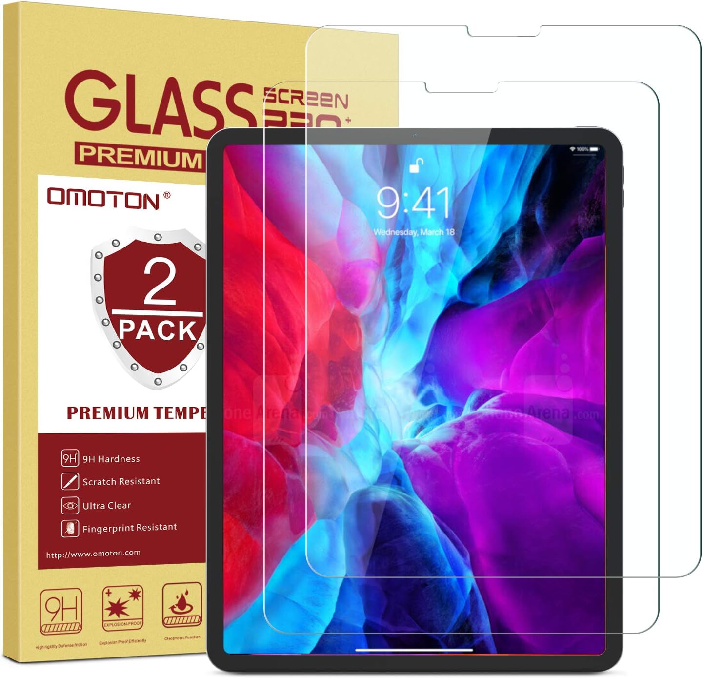OMOTON [2 Pack Screen Protector Compatible with iPad Pro 12.9 Inch [Compatible with Face ID & Apple Pencil] - Tempered Glass/High Definition/9 Hardness