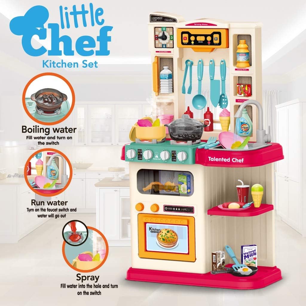 Pretend Play Kitchen Set Sink Toys, Kids Cooking Kitchen Playset with Spray,Realistic Light&Sound, Play Sink with Running Water,Dessert Shelf Toy & Other Kitchen Accessories Set for Girls Boys (C) : Toys & Games