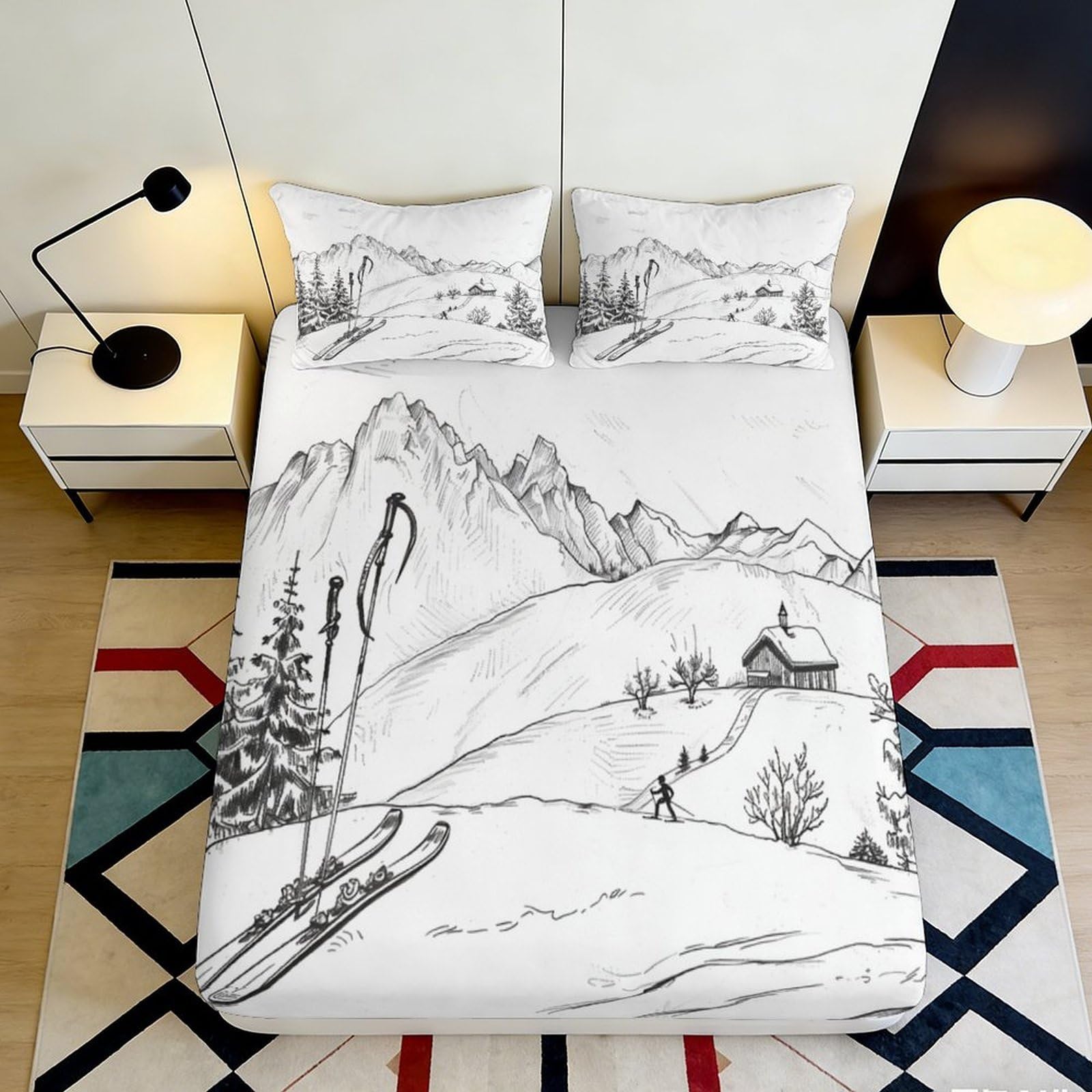 3D Printed Mountain Landscape Fitted Sheet Microfiber Soft Sketched Winter Skiing Bed Cover for Bedroom Decor 90x200x25cm
