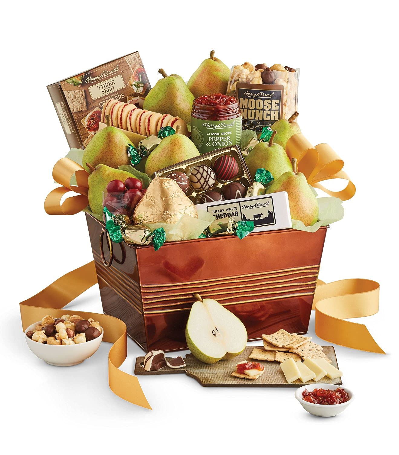 Harry & David Favorites Deluxe Food Gift Basket, Fruit And Cheese Gift Basket With Pears, Moose Munch Popcorn, Galettes, Cheese, Relish, Crackers,