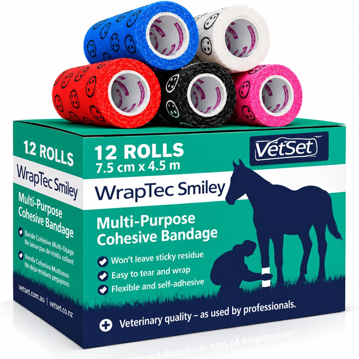 VetSet WrapTec Vet Wrap Cohesive Bandage Rolls 75mm, 12 Pack Smiley