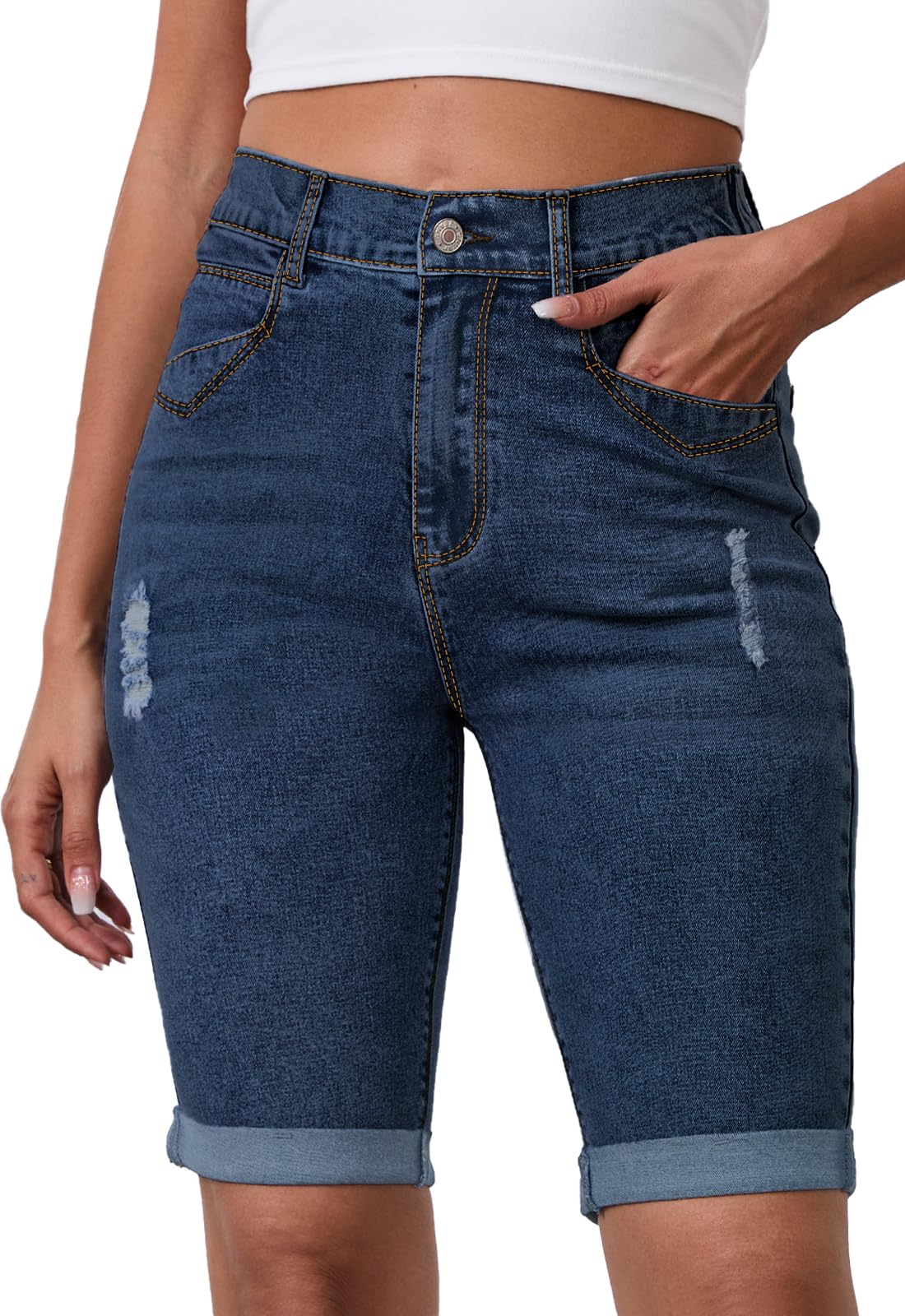 Metietila Womens Jean Shorts High Waisted Stretchy Elastic Waist Denim Bermuda Shorts Summer 10” Inseam Jorts