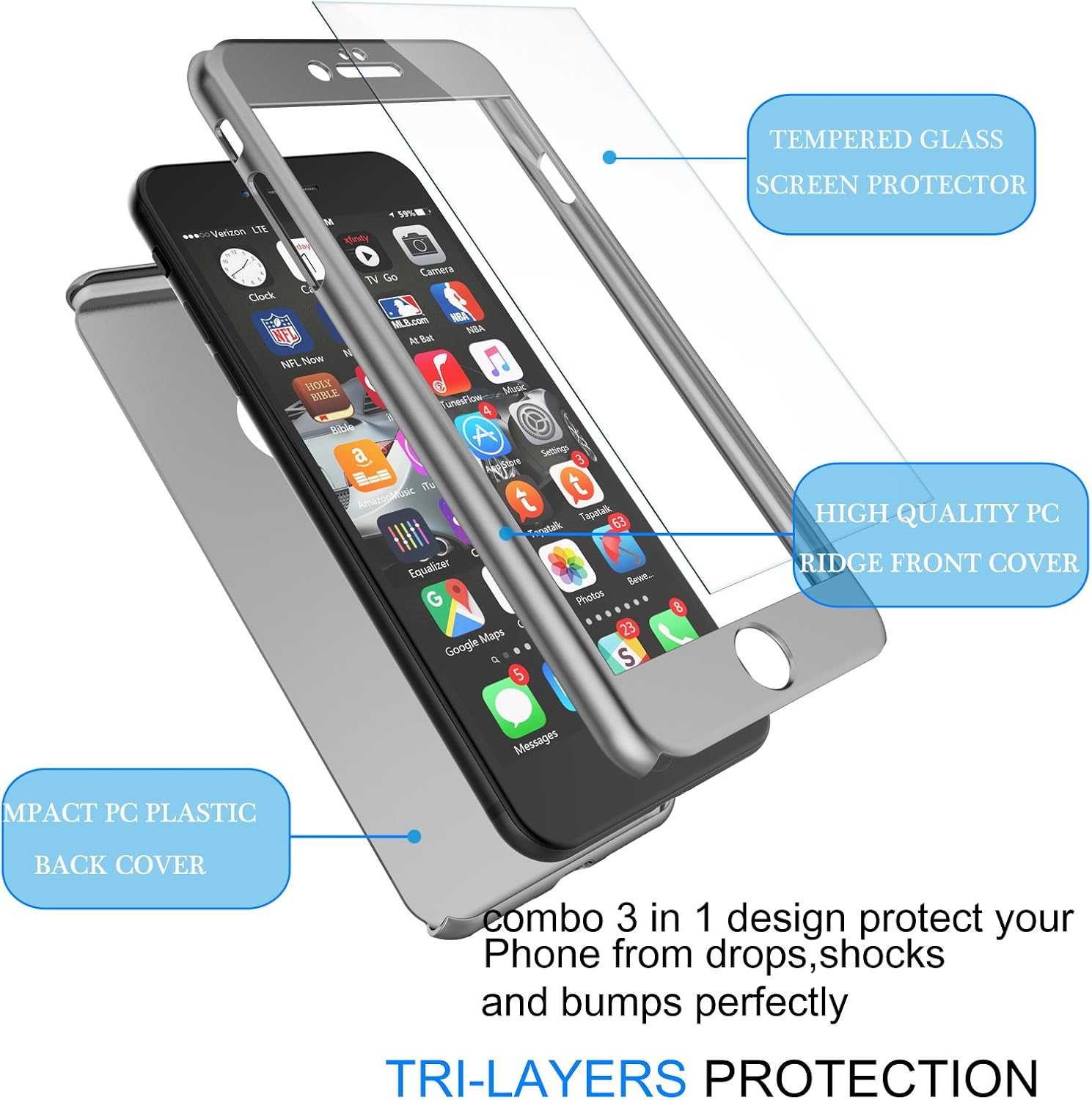 Tekcoo for iPhone 7 Plus Case, [T360 HY] Ultra Thin Full Body Coverage Protection Scratch Proof Hard Slim Hybrid Cover Shell with Tempered Glass Screen Protector for iPhone 7 Plus(5.5 inch) [Silver]