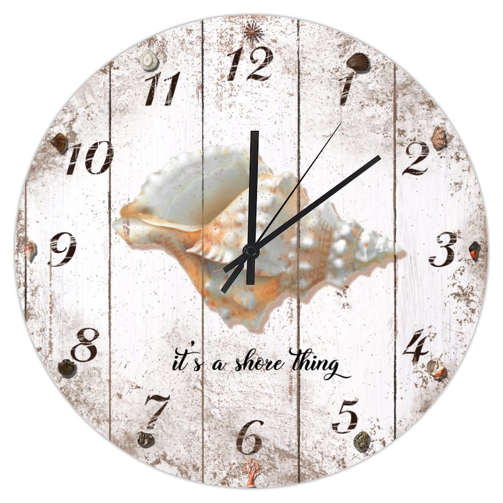Ocean Themed Wall Clock It's A Shore Thing Retro Conch Clock Horizontal Stripes Wood Grain Round Clock Decorative Summer Conch Beach Wooden Hanging Clocks for Living Room/Bedroom 10 Inch