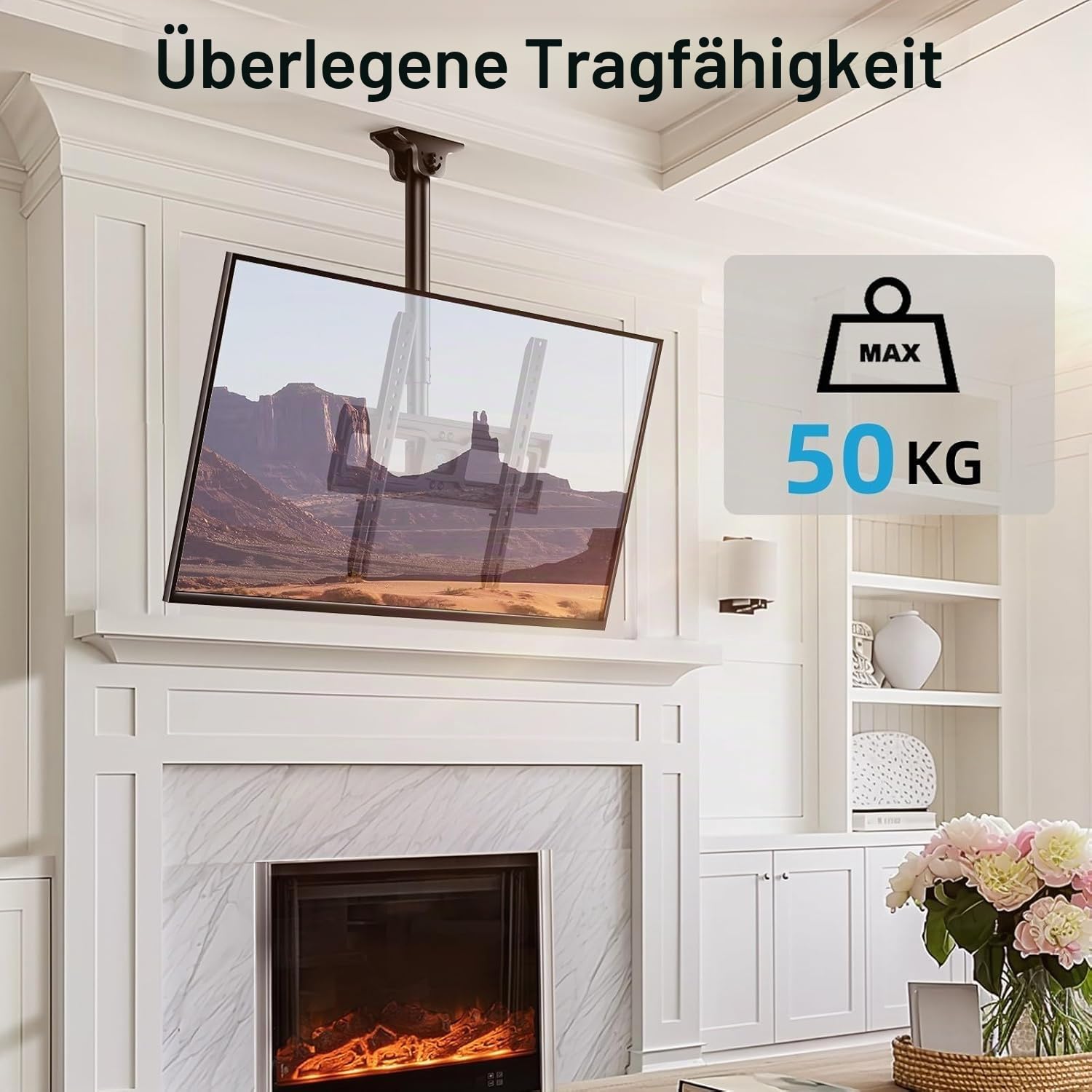 PERLESMITH TV-Deckenhalterung – TV-Halterung neigbar und schwenkbar, verstellbar für Bildschirme von 26 bis 65 Zoll – Dachhalterung Full-Motion trägt 50 kg mit VESA 400 x 400 mm