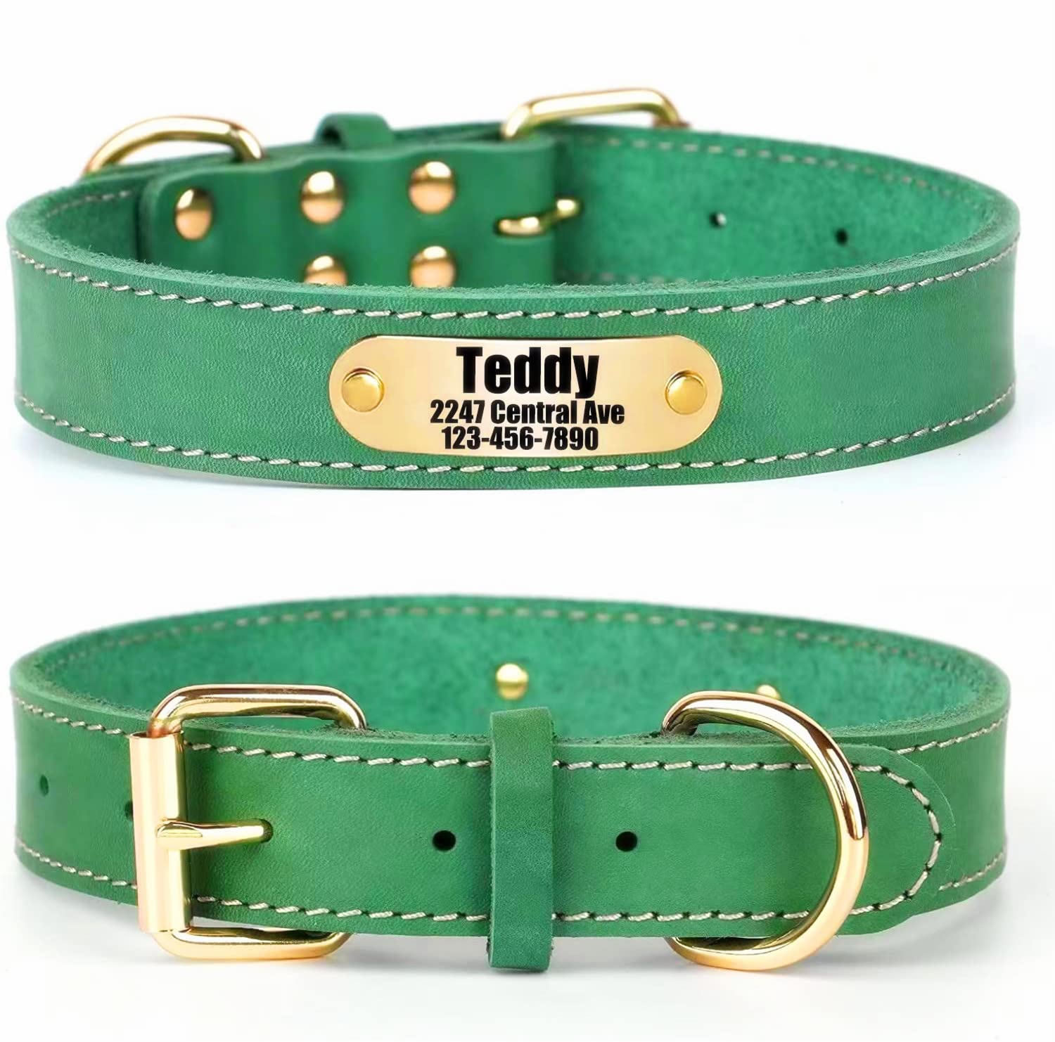 SLZZ Personalized Custom Real Genuine Leather Dog Collar with Engraved Name Phone number/Heavy Duty Durable Dog Collars for Male Female X-small Medium Large X-large Dogs-Green-XL