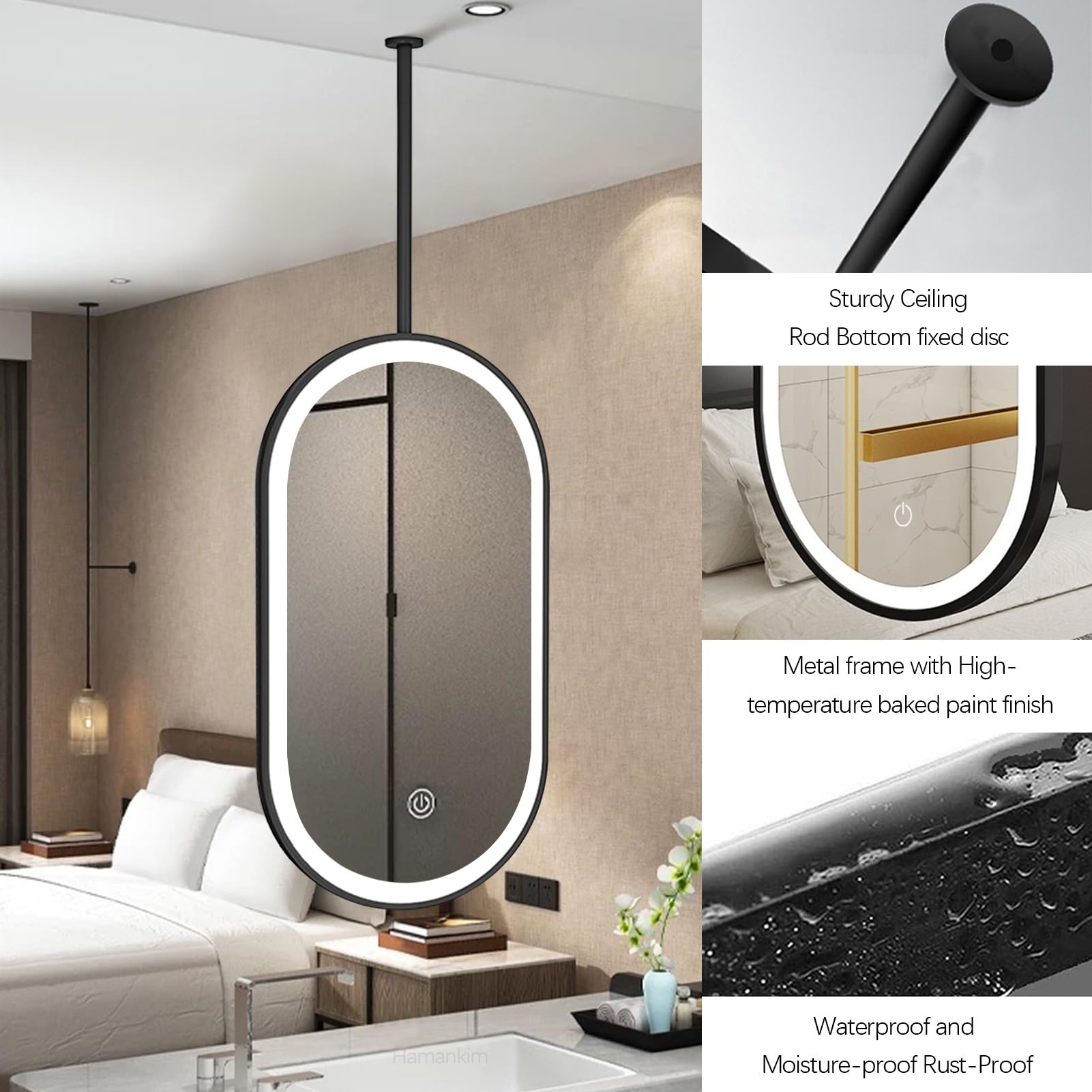 Specchio ovale da soffitto a LED con luci, grandi specchi da toeletta per soggiorno e corridoio, specchio con cornice in metallo nero - Mirror Boom personalizzabile(40cmx60cm)