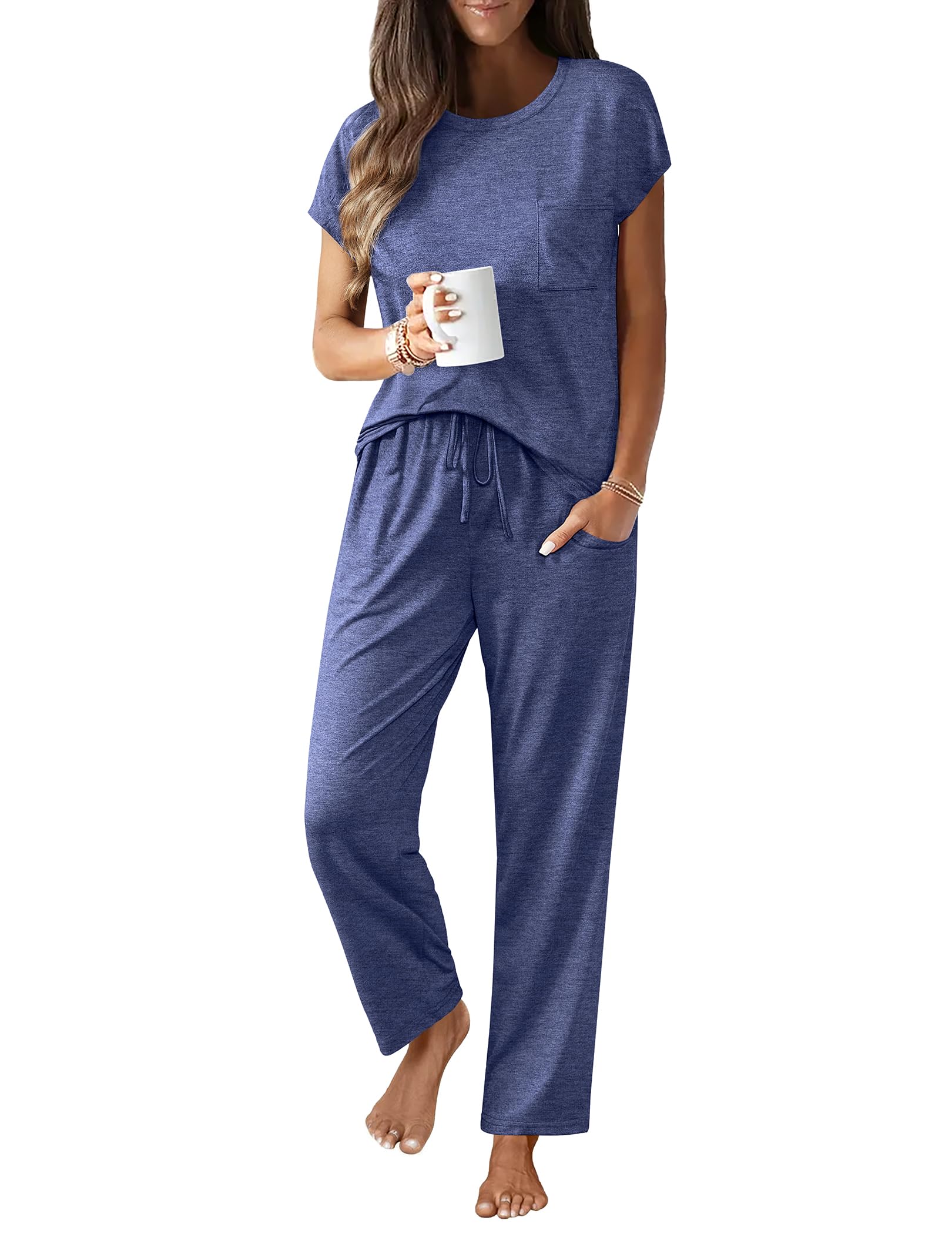 Ekouaer Women's Pajama Sets Cap Sleeve Sleepwear Tops and Long Pants Comfy Pjs 2 Piece Lounge Set with Pockets S-XXL