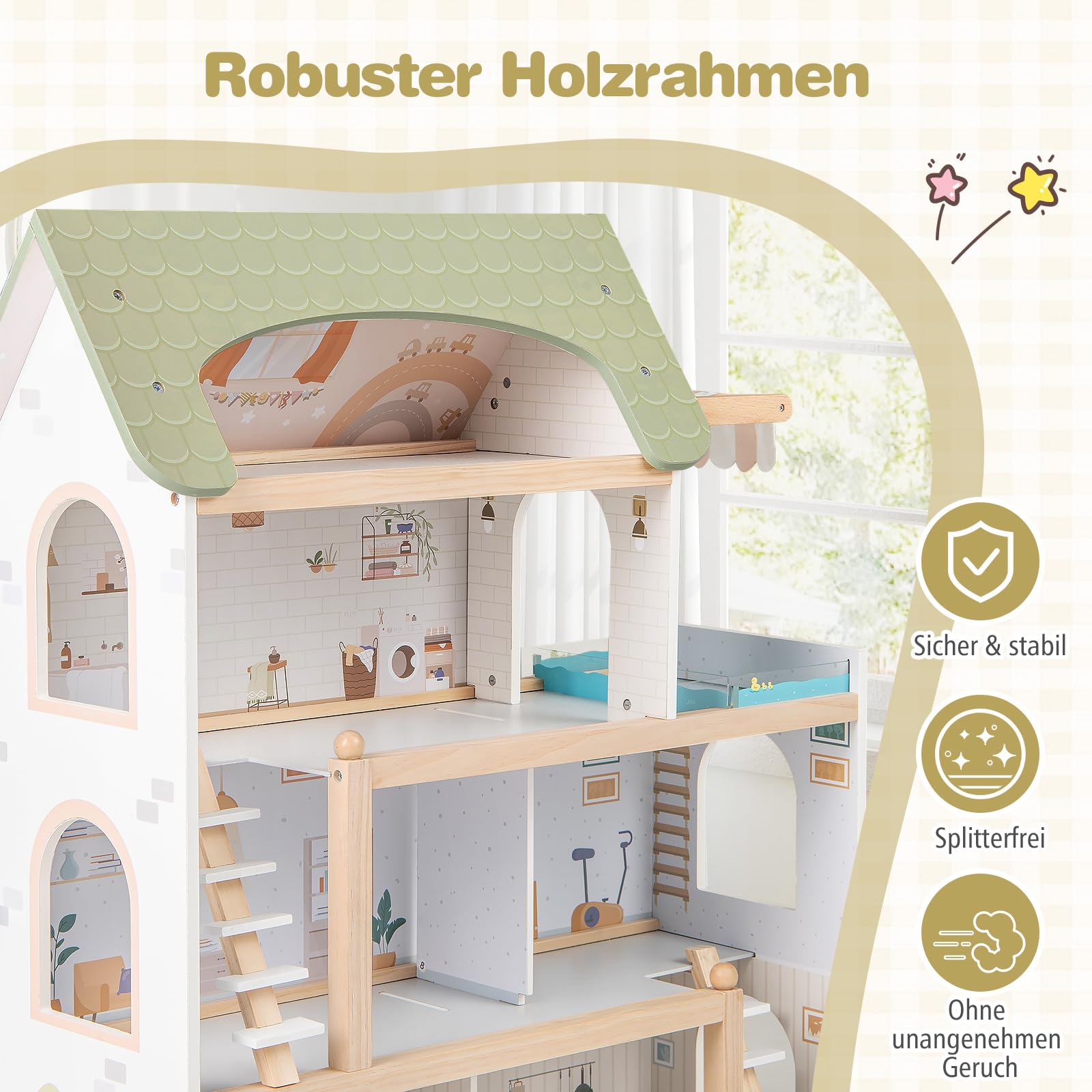 COSTWAY Puppenhaus Holz, Kinder Dollhouse mit 33 Möbelstücken, Puppenstube mit Balkon & Pool, Puppenvilla Traumvilla für Mädchen & Jungen ab 2 Jahren (Grün)