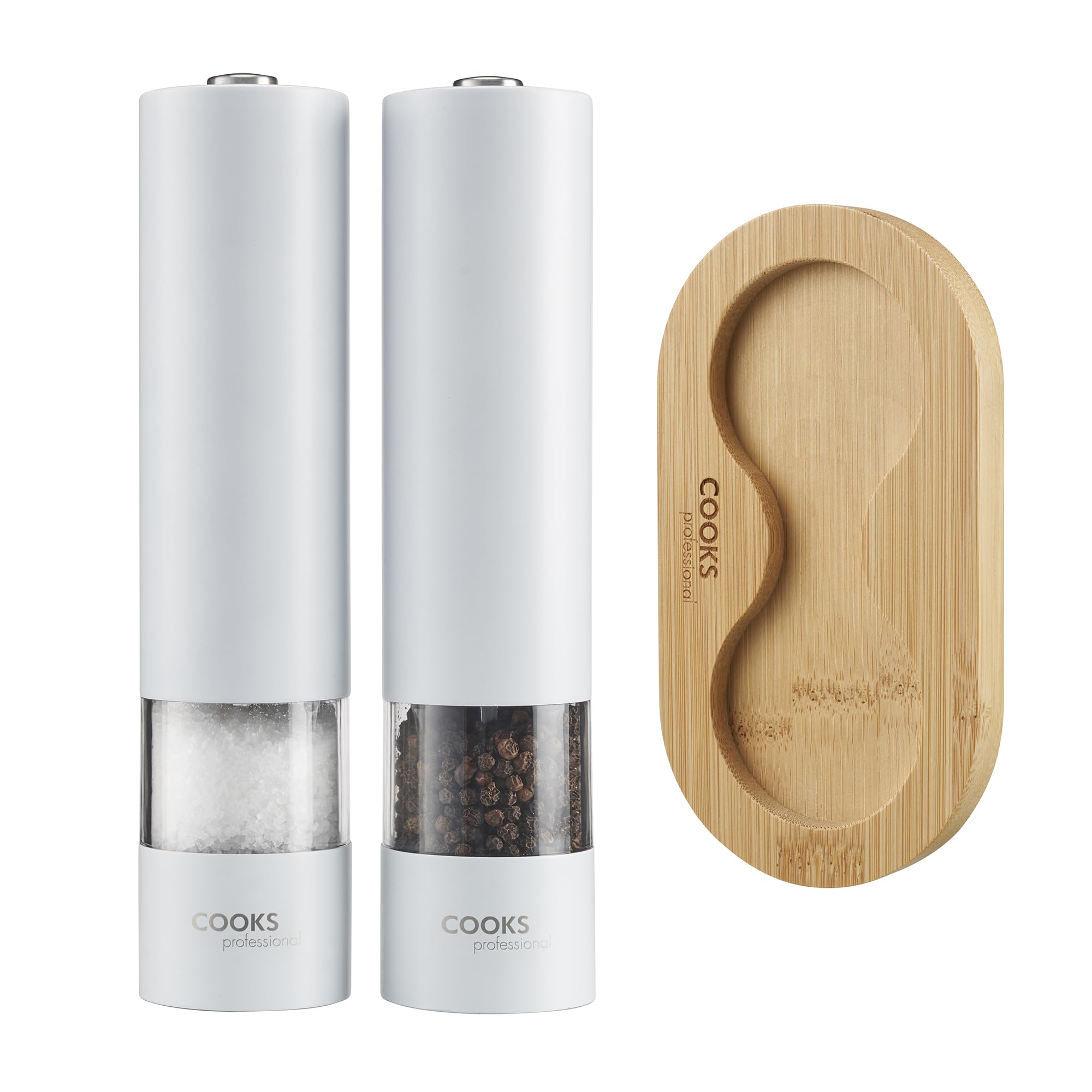 Cooks Professional Electric Salt and Pepper Mill Set with Bamboo Base | Battery Operated Automatic Grinders with Adjustable Grinding & One Touch Operation | Condiment Grinder & Stand | White