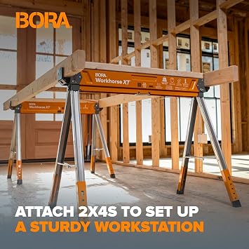 BORA Workhorse XT Adjustable Saw Horses 2 Pack Folding Heavy Duty Sawhorse with Adjustable Height Legs, 2700 lbs Capacity - Portable Workbench & Work Station with Built-in Bottle Opener PM-3360T